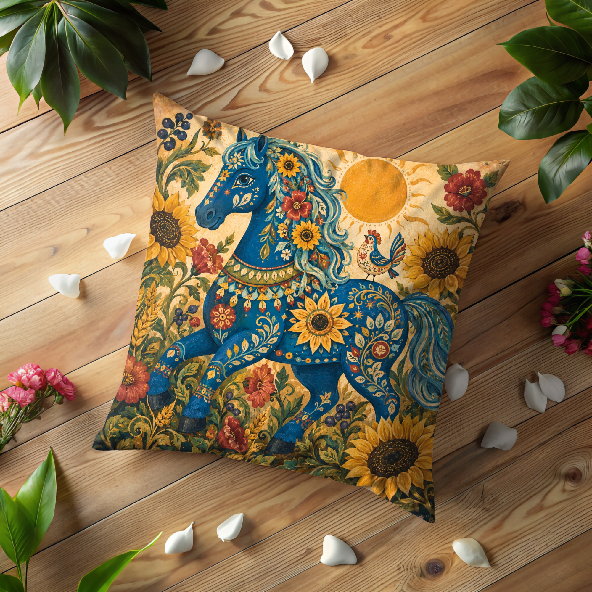 Blue Floral Horse Pillow Cover | Folk Botanical Art