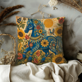 Blue Floral Horse Pillow Cover | Folk Botanical Art
