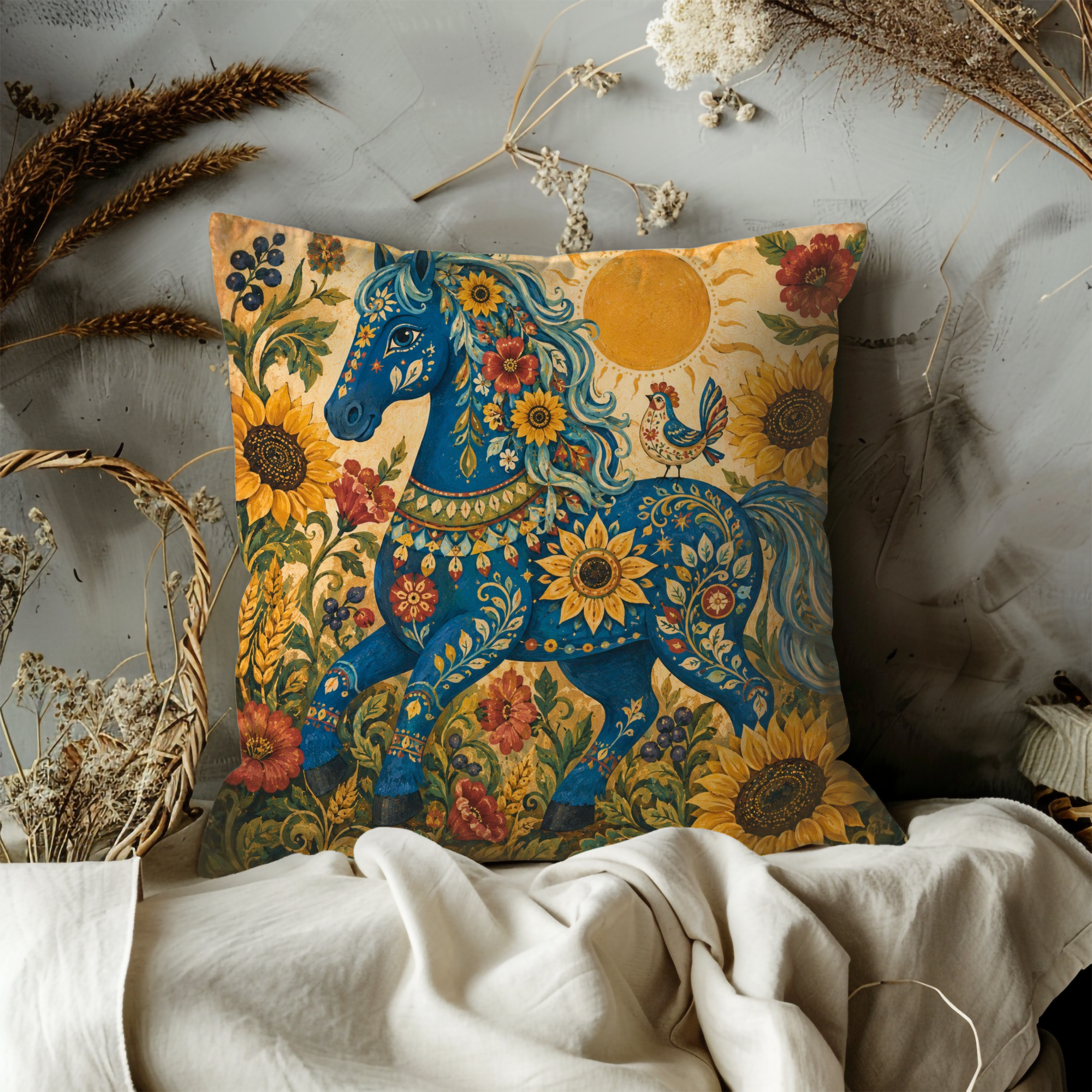 Blue Floral Horse Pillow Cover | Folk Botanical Art
