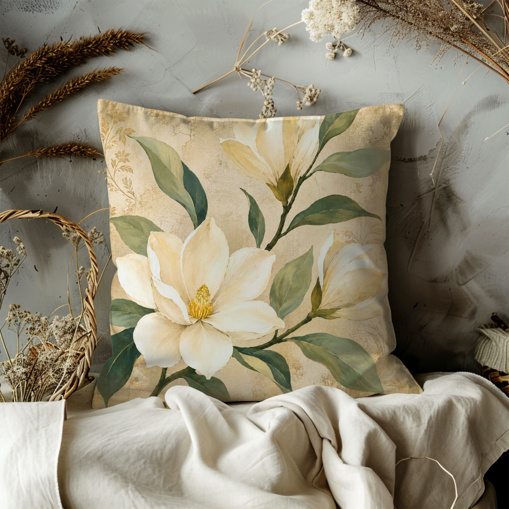 White Magnolia Pillow Cover | Textured Botanical Art