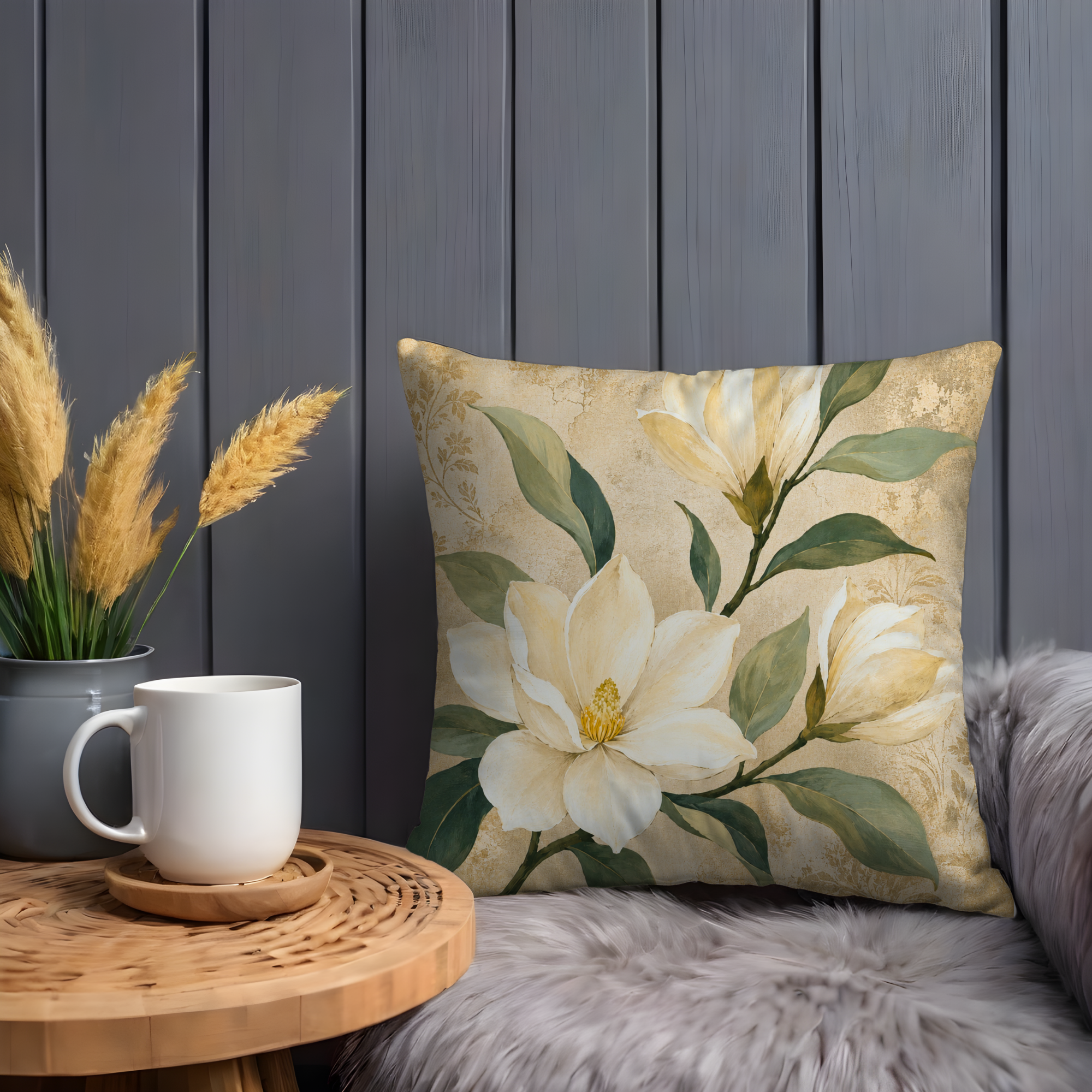 White Magnolia Pillow Cover | Textured Botanical Art