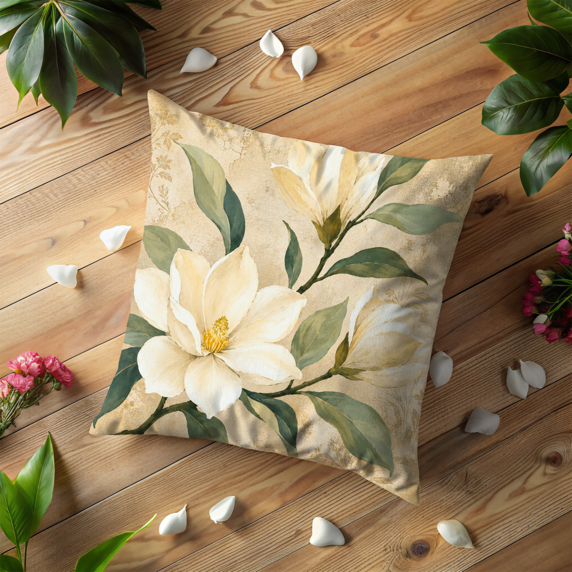 White Magnolia Pillow Cover | Textured Botanical Art