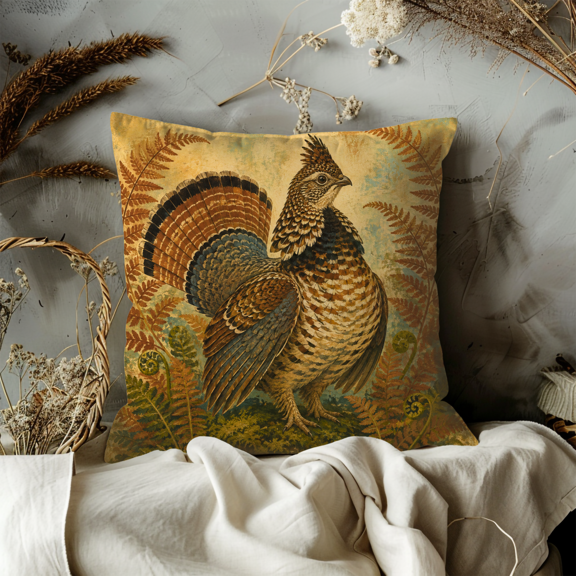 Wild Turkey Ferns Pillow Cover | Textured Woodland Wildlife Art