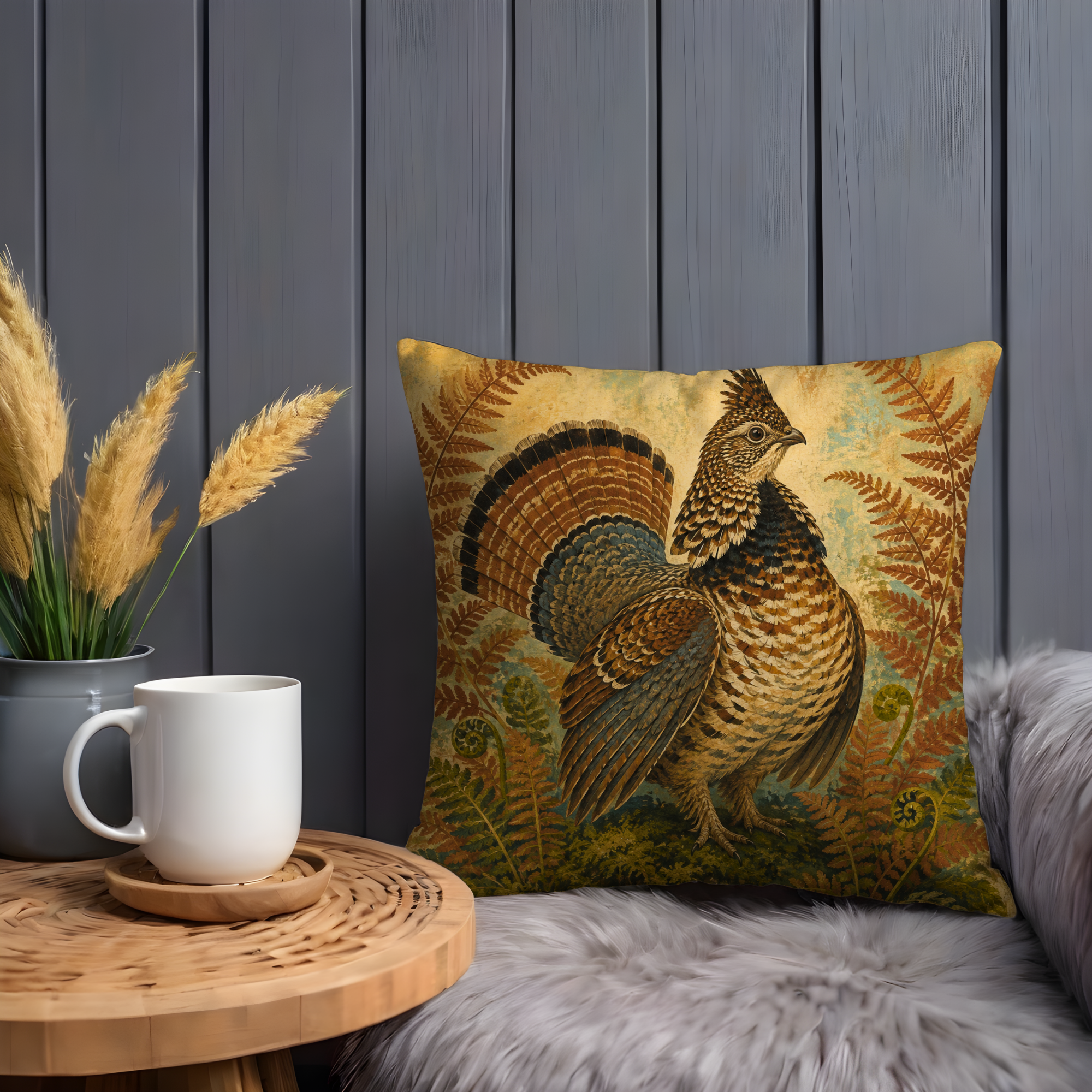 Wild Turkey Ferns Pillow Cover | Textured Woodland Wildlife Art