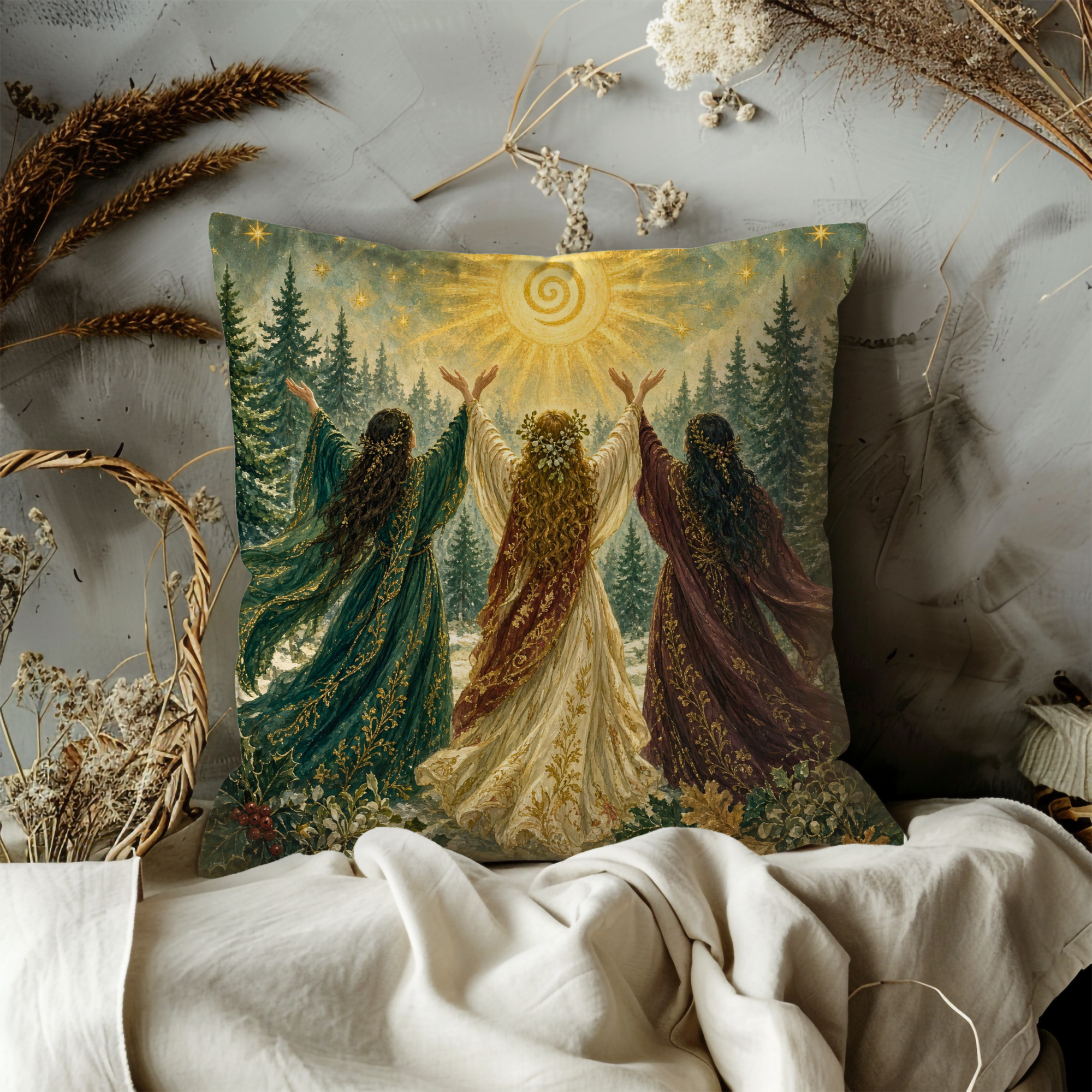 Sunlit Forest Figures Pillow Cover | Textured Celestial Art