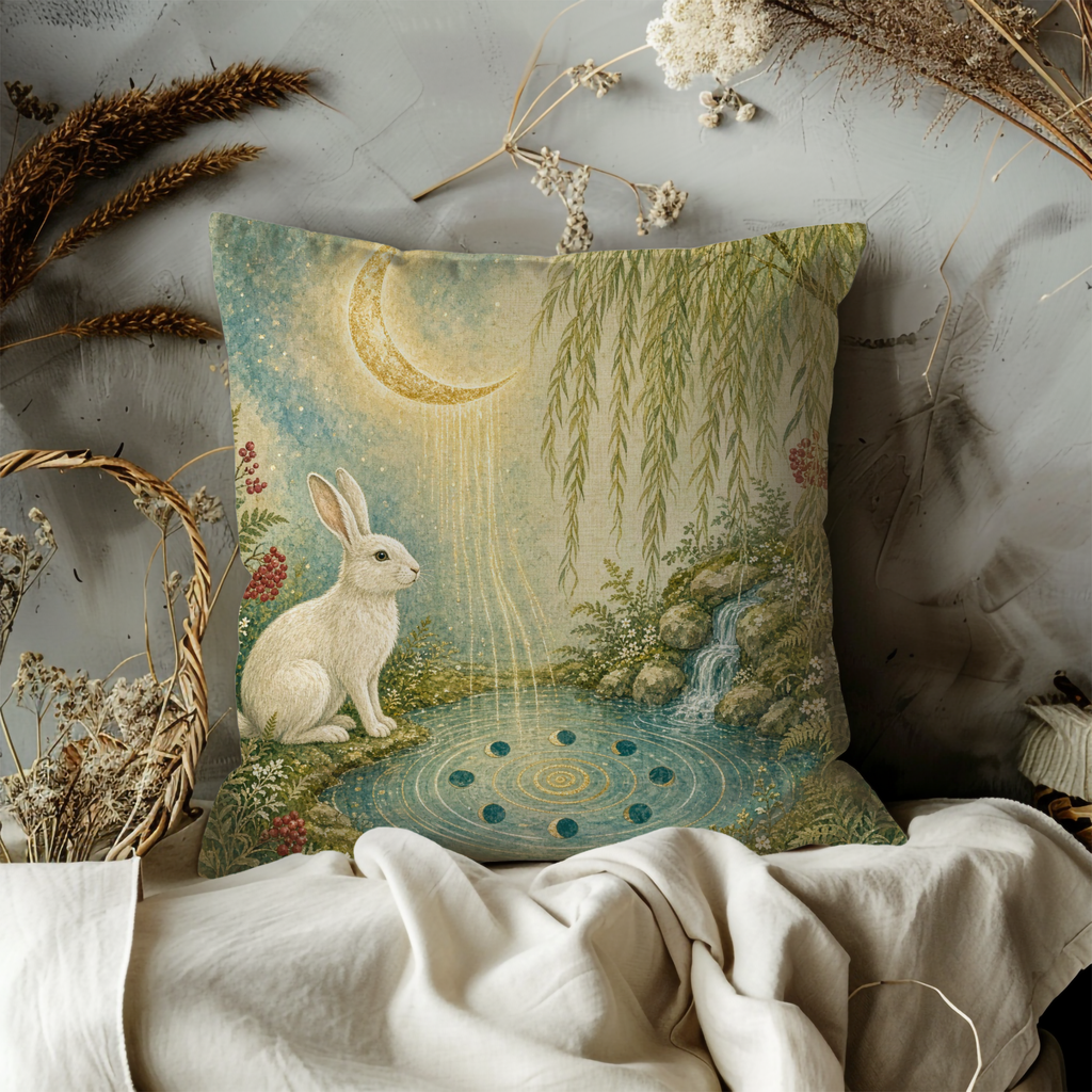 Moonlit Rabbit Pond Pillow Cover | Textured Woodland Art