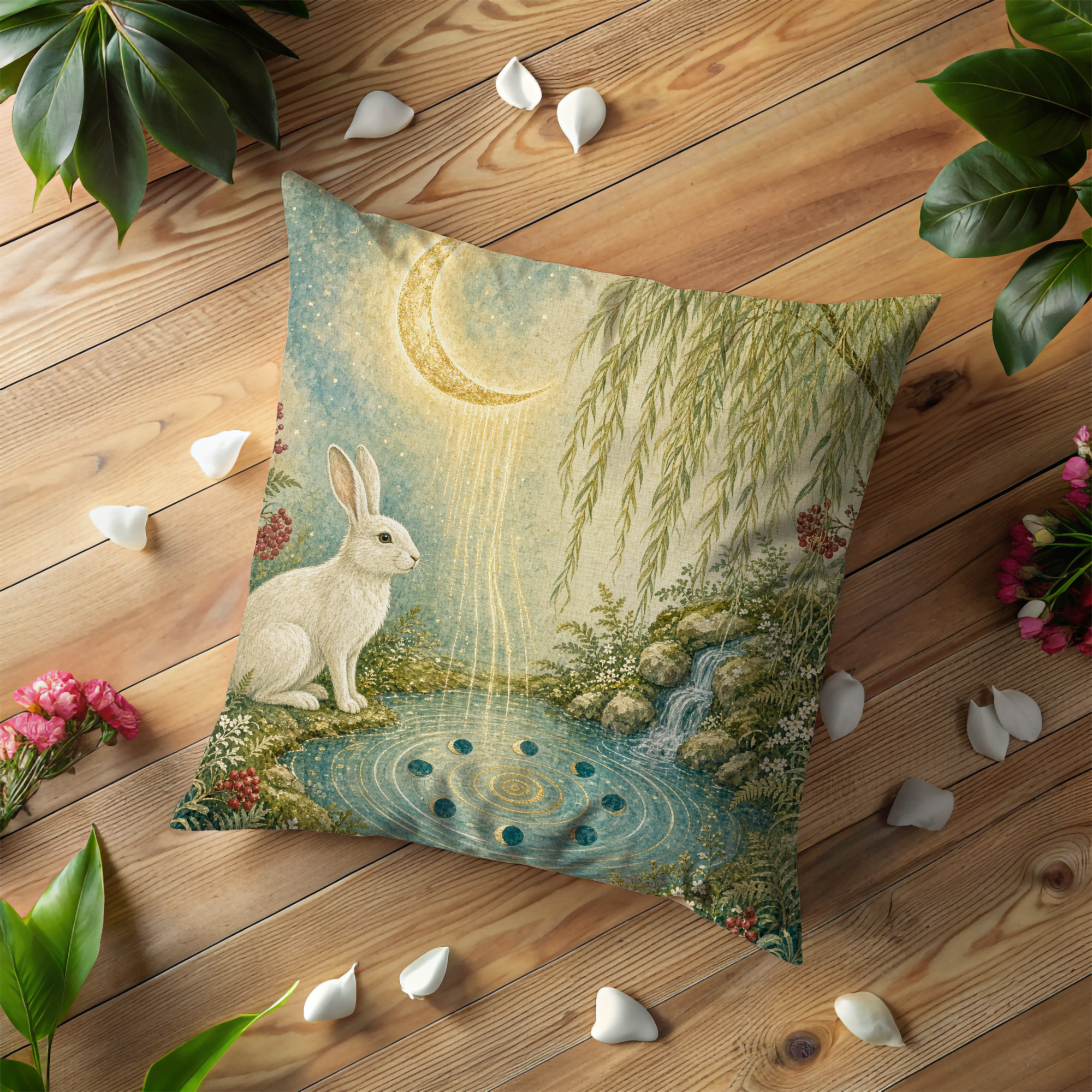 Moonlit Rabbit Pond Pillow Cover | Textured Woodland Art