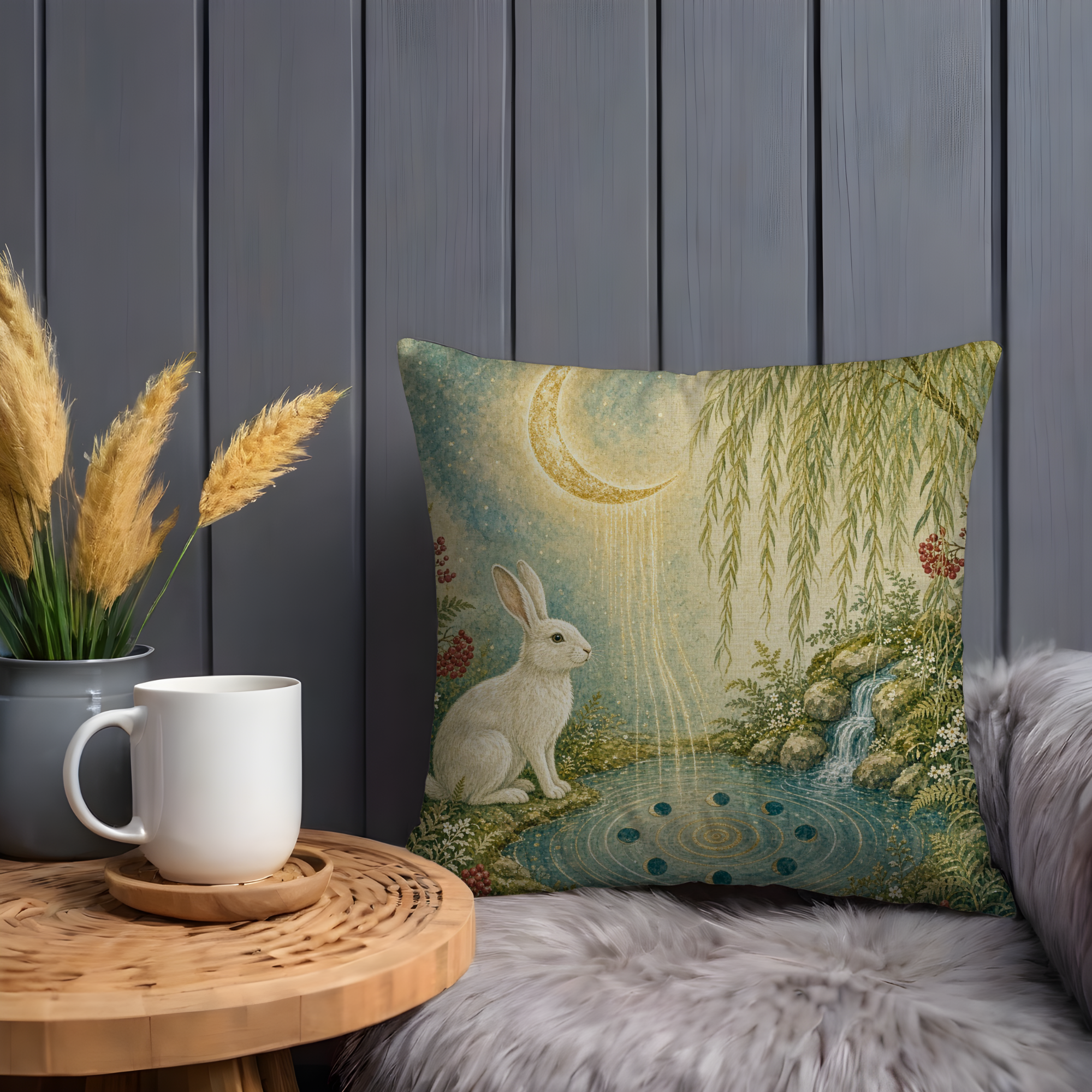 Moonlit Rabbit Pond Pillow Cover | Textured Woodland Art