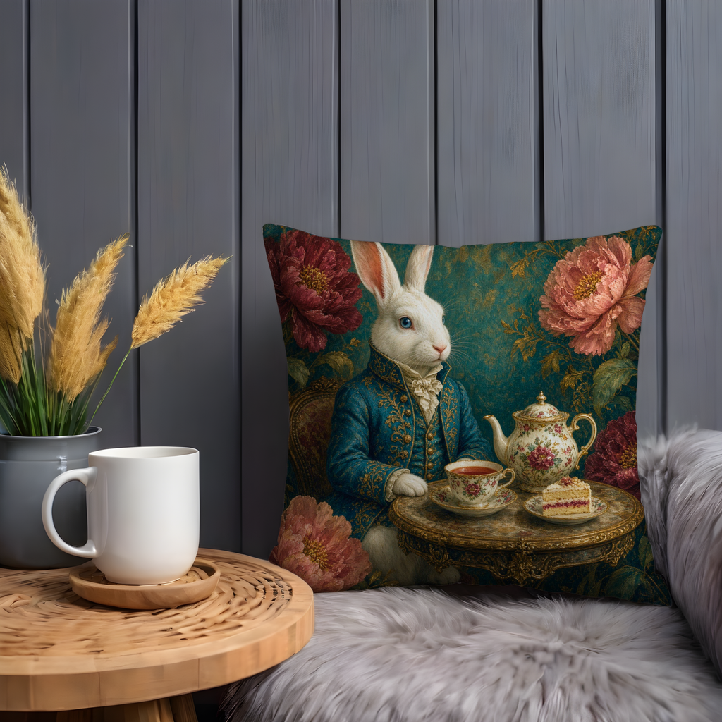 Alice in Wonderland White Rabbit Tea Party Pillow Cover | Classic Literary Art | Whimsical Fantasy Decor