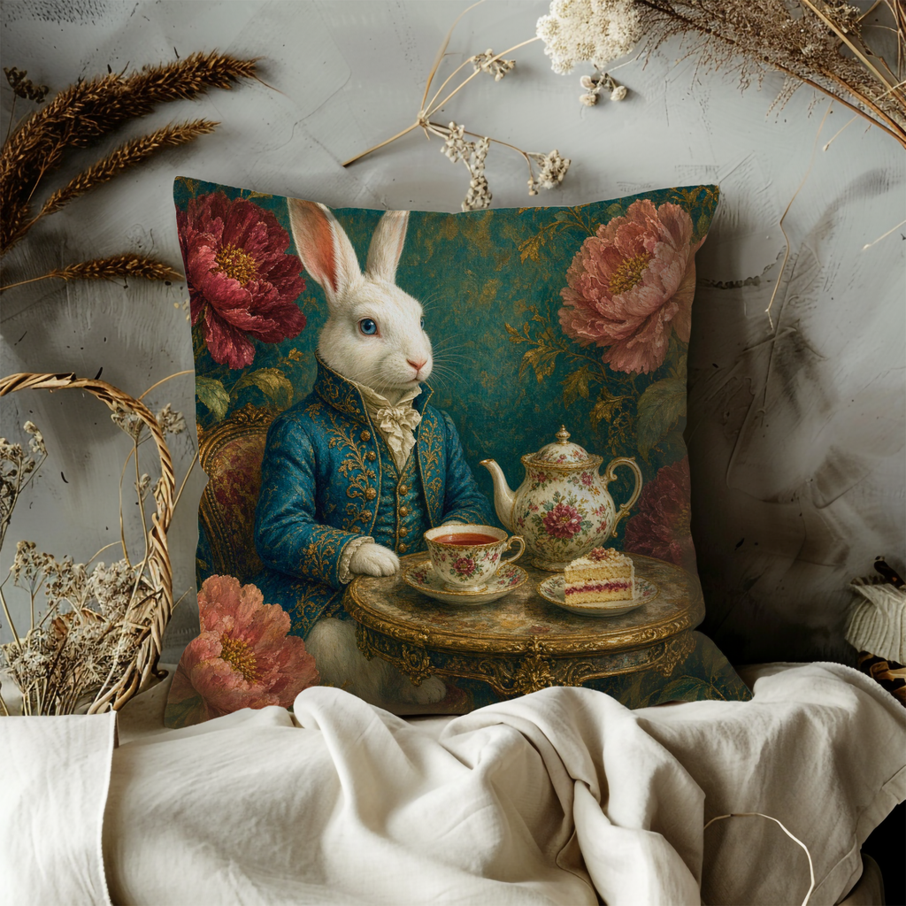 Alice in Wonderland White Rabbit Tea Party Pillow Cover | Classic Literary Art | Whimsical Fantasy Decor