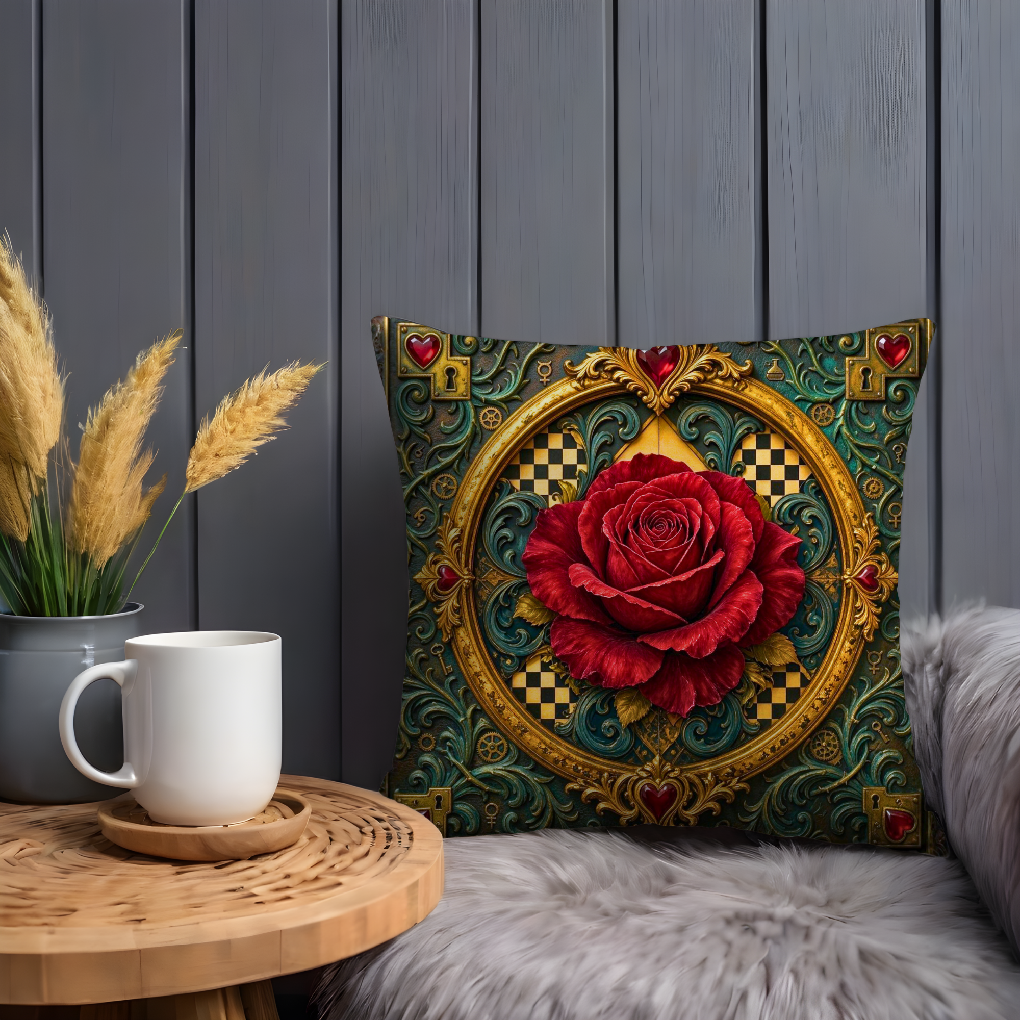 Red Rose Golden Keys Wonderland Pillow Cover | Alice Fantasy Art | Ornate Magical Decor