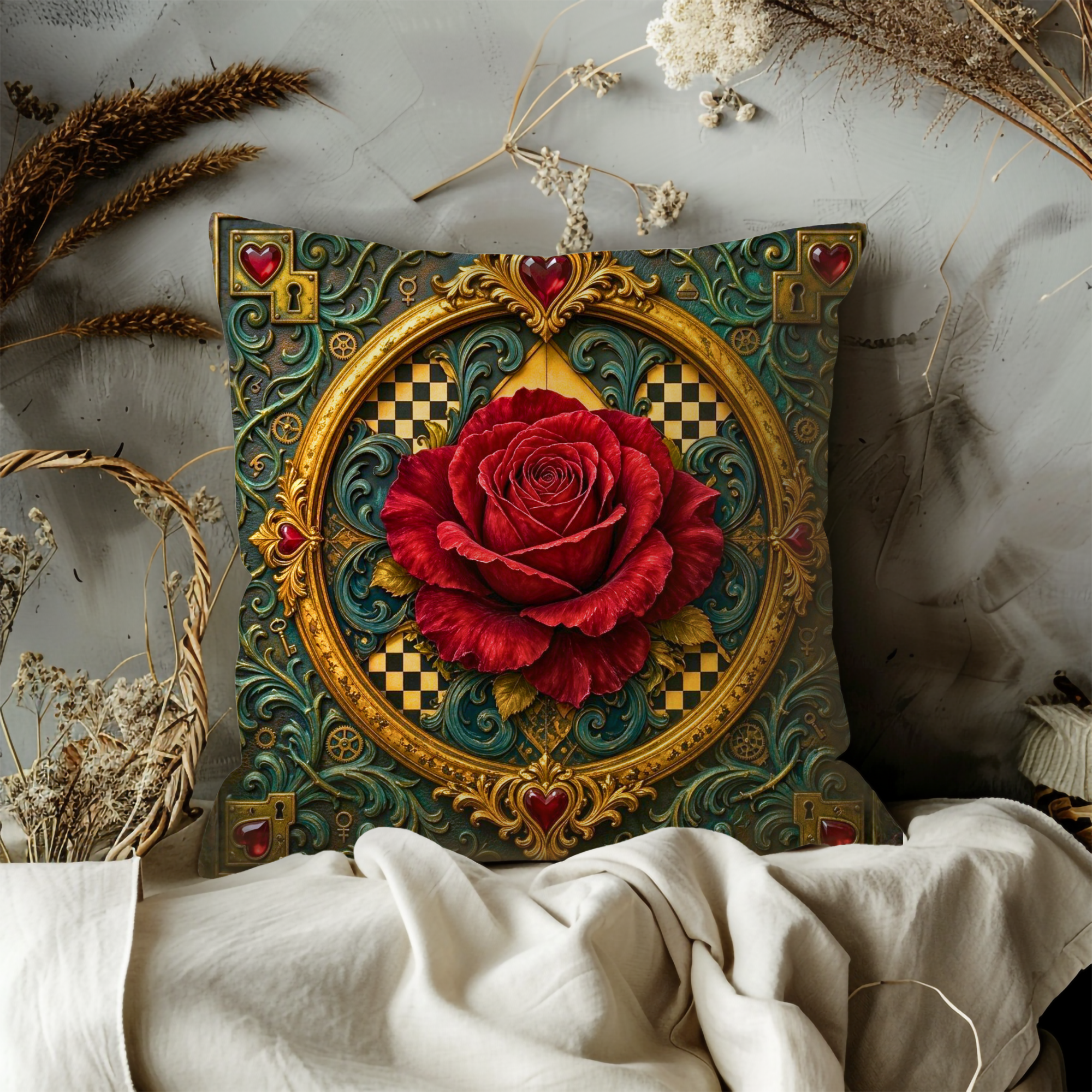 Red Rose Golden Keys Wonderland Pillow Cover | Alice Fantasy Art | Ornate Magical Decor