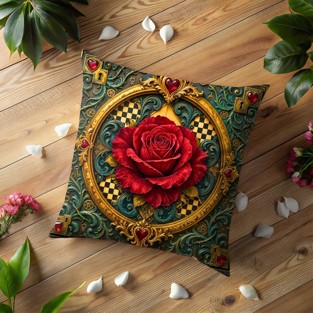 Red Rose Golden Keys Wonderland Pillow Cover | Alice Fantasy Art | Ornate Magical Decor