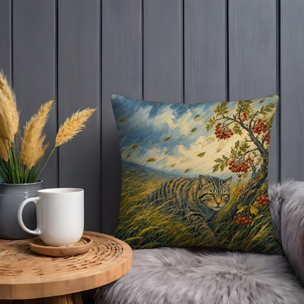 Celtic Wildcat Rowan Autumn Guardian Pillow Cover | Pagan Cat Spirit Art | Sacred Forest Decor