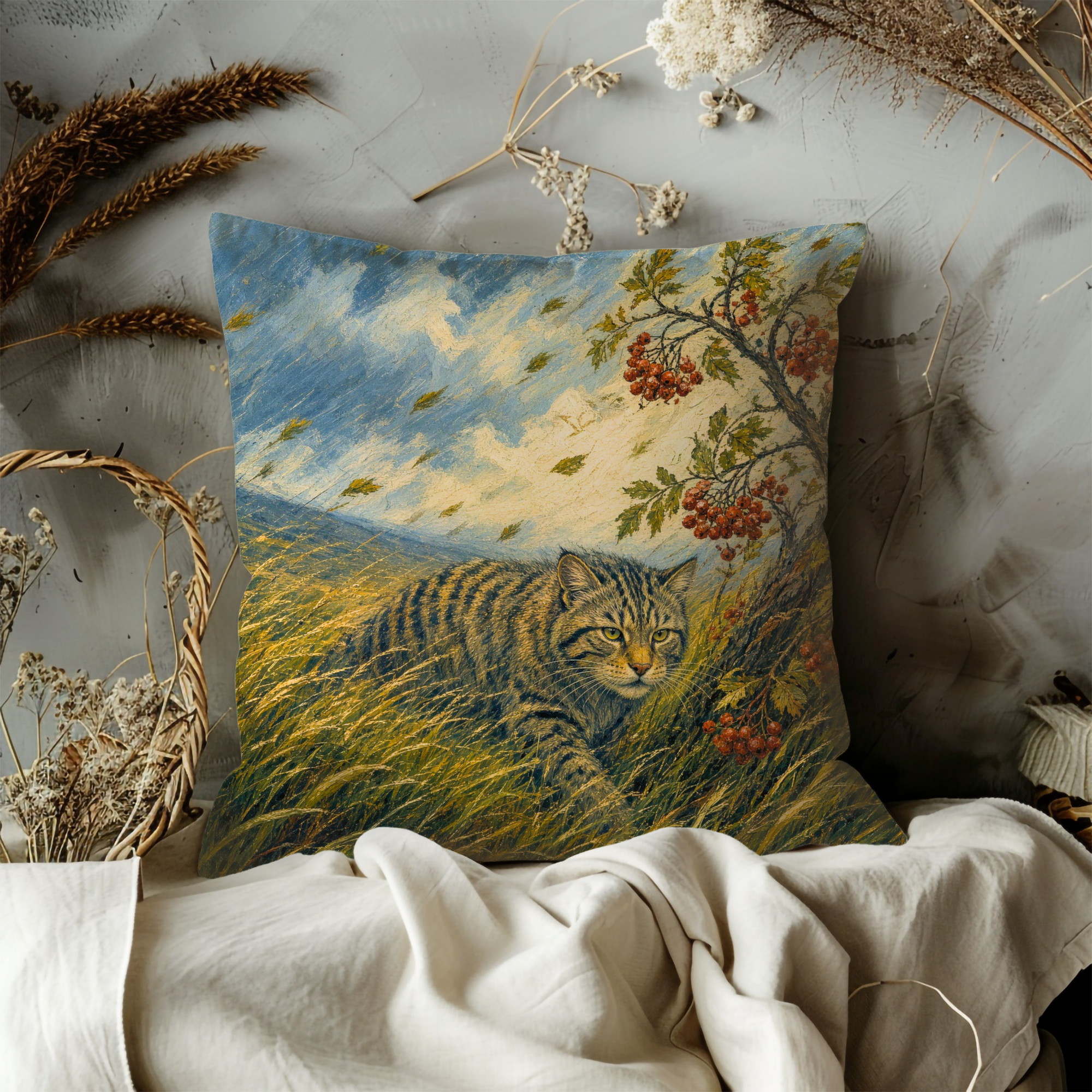 Celtic Wildcat Rowan Autumn Guardian Pillow Cover | Pagan Cat Spirit Art | Sacred Forest Decor