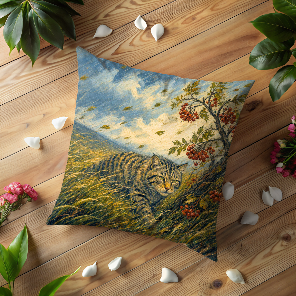 Celtic Wildcat Rowan Autumn Guardian Pillow Cover | Pagan Cat Spirit Art | Sacred Forest Decor