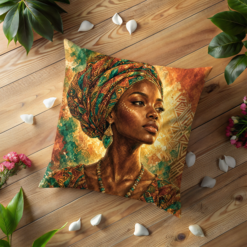 African Woman Colorful Headwrap Portrait Pillow Cover | Elegant Cultural Art | Vibrant Beauty Decor