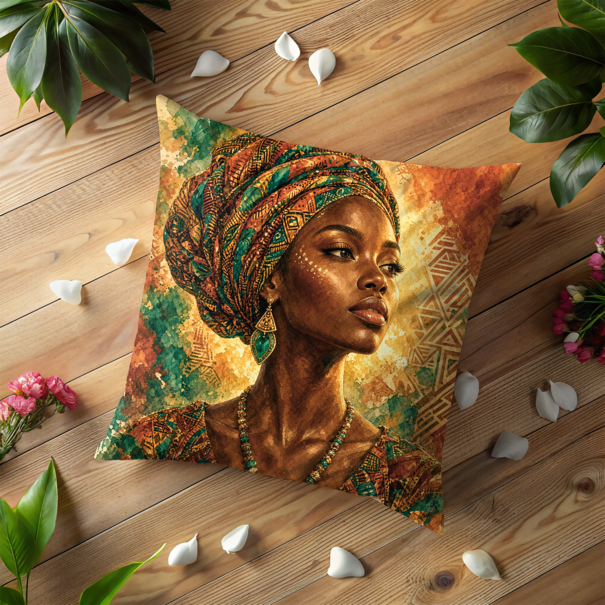 African Woman Colorful Headwrap Portrait Pillow Cover | Elegant Cultural Art | Vibrant Beauty Decor