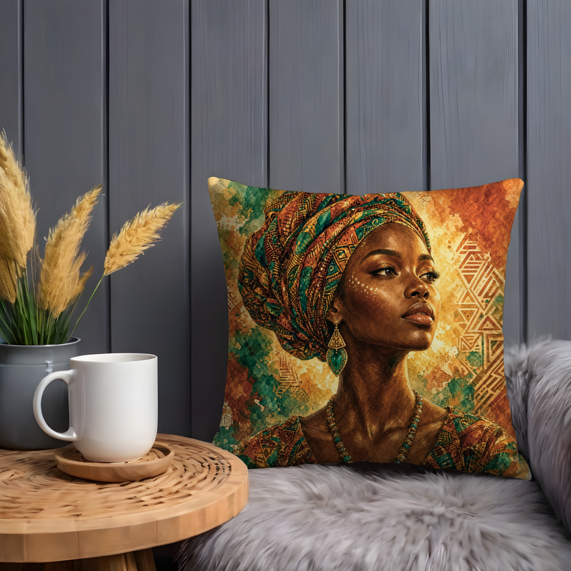African Woman Colorful Headwrap Portrait Pillow Cover | Elegant Cultural Art | Vibrant Beauty Decor