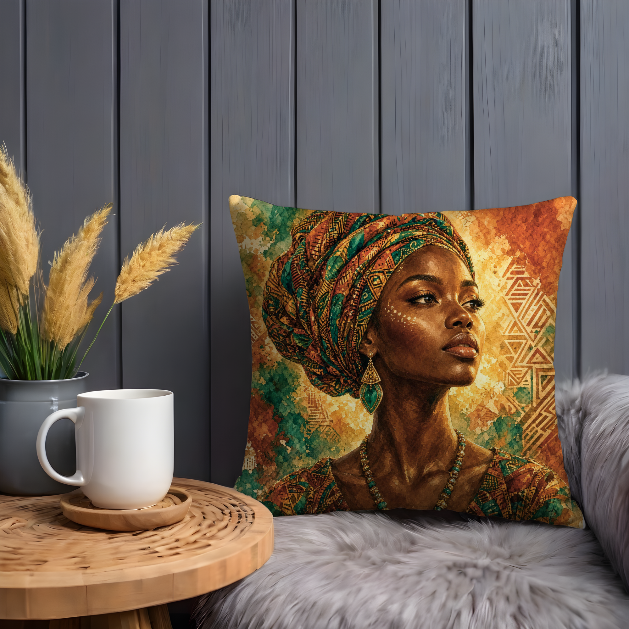 African Woman Colorful Headwrap Portrait Pillow Cover | Elegant Cultural Art | Vibrant Beauty Decor