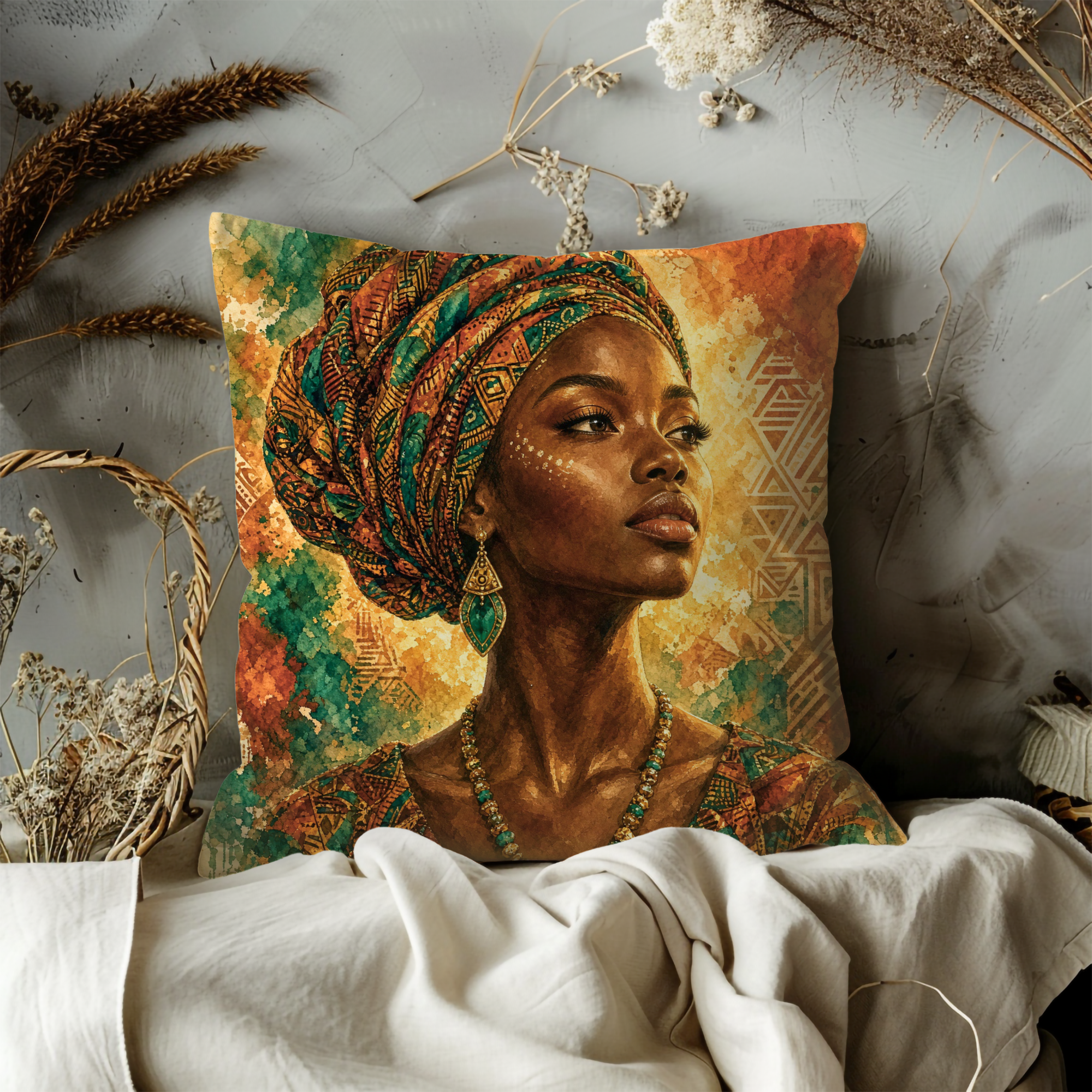 African Woman Colorful Headwrap Portrait Pillow Cover | Elegant Cultural Art | Vibrant Beauty Decor