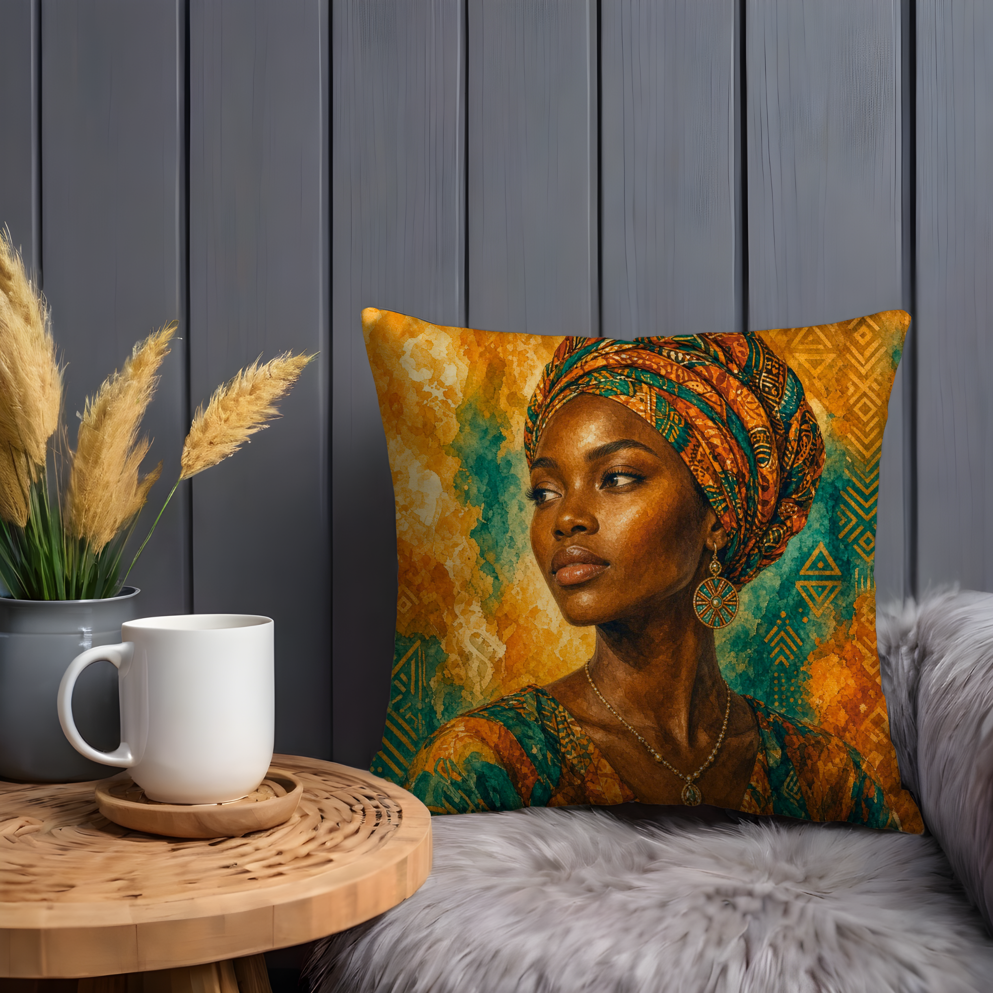 African Beauty Golden Headwrap Portrait Pillow Cover | Vibrant Cultural Art | Elegant Woman Decor