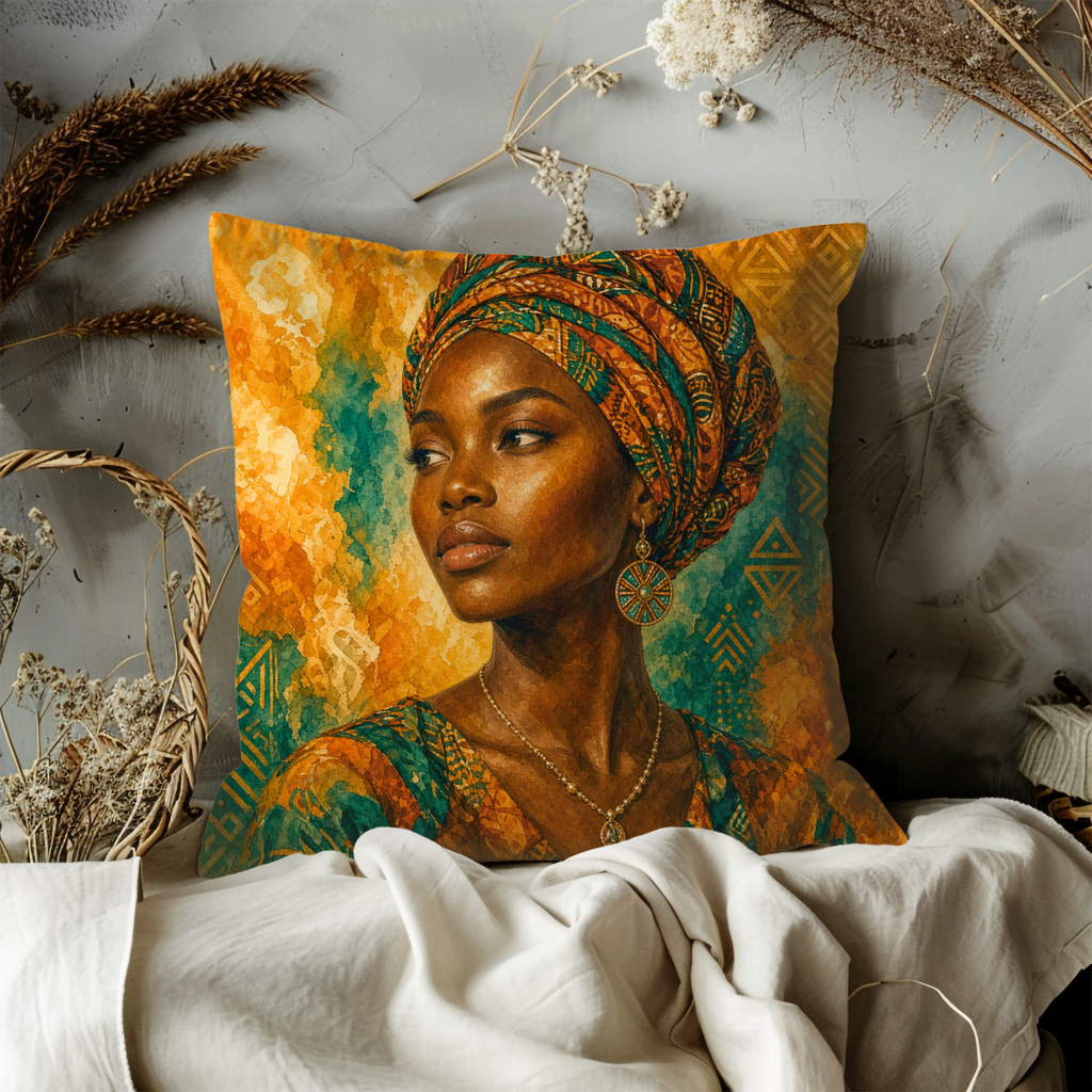 African Beauty Golden Headwrap Portrait Pillow Cover | Vibrant Cultural Art | Elegant Woman Decor
