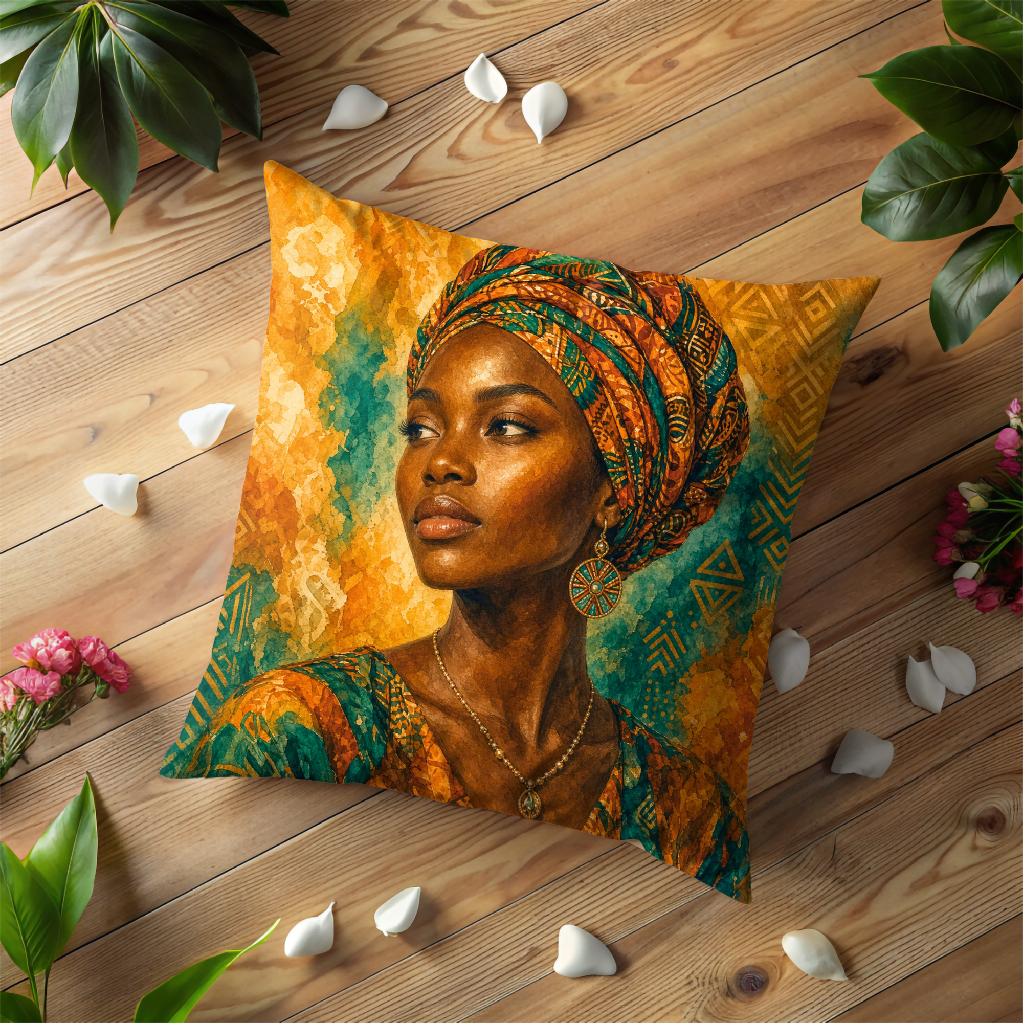 African Beauty Golden Headwrap Portrait Pillow Cover | Vibrant Cultural Art | Elegant Woman Decor