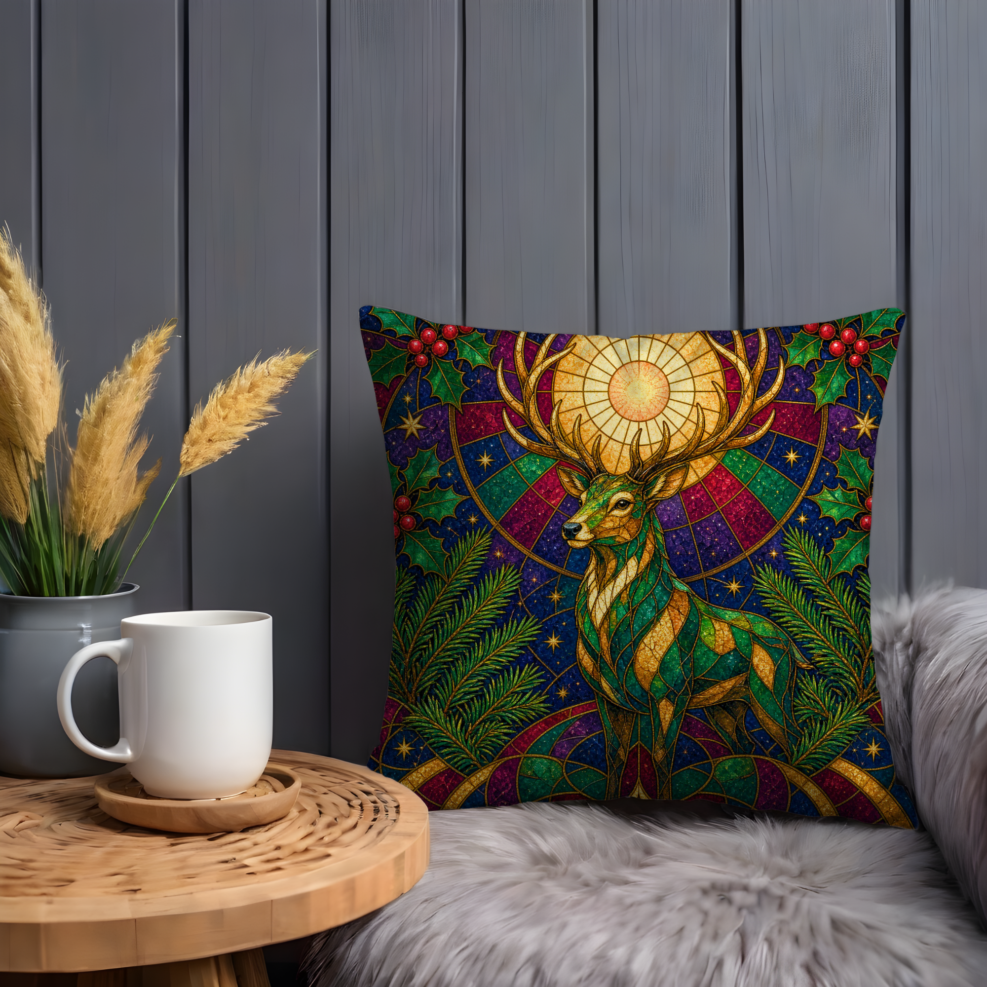 Stained Glass Deer Holly Solstice Pillow Cover | Pagan Winter Art | Celtic Sacred Deer Decor