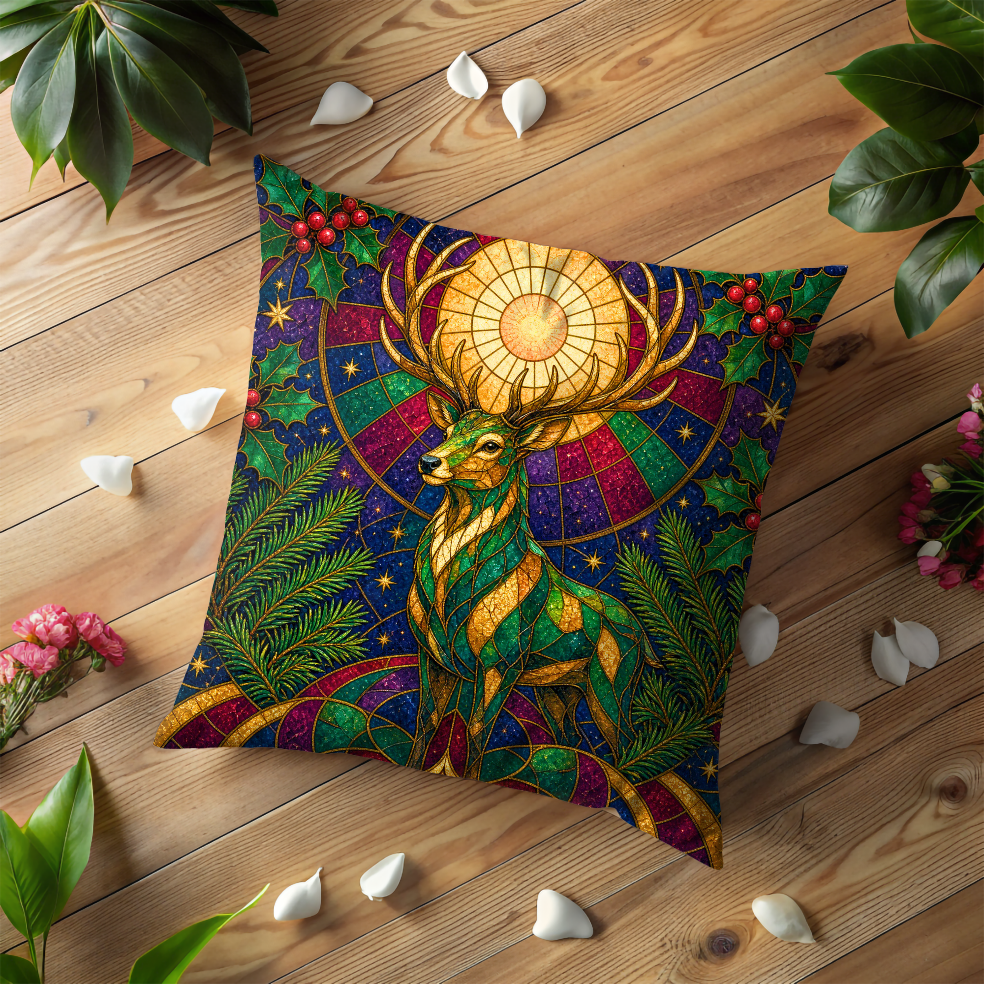 Stained Glass Deer Holly Solstice Pillow Cover | Pagan Winter Art | Celtic Sacred Deer Decor