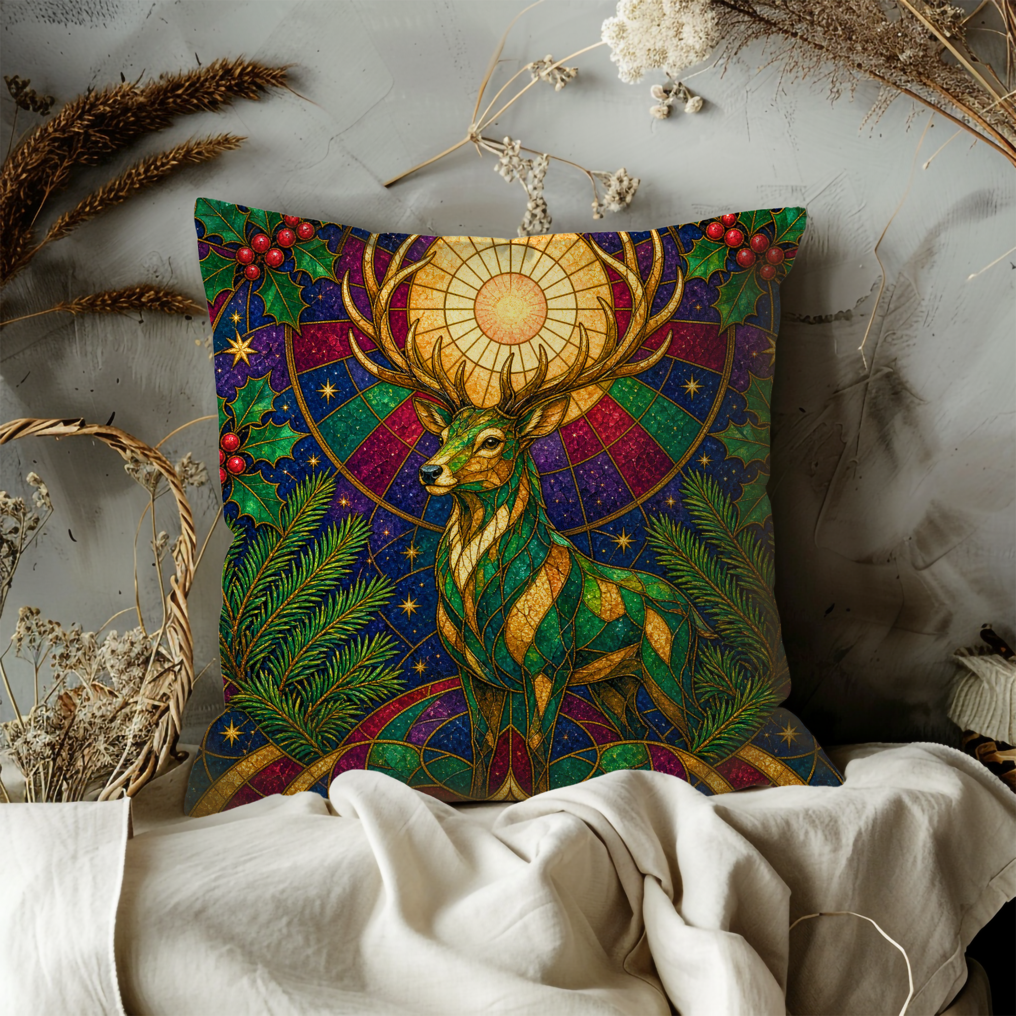 Stained Glass Deer Holly Solstice Pillow Cover | Pagan Winter Art | Celtic Sacred Deer Decor