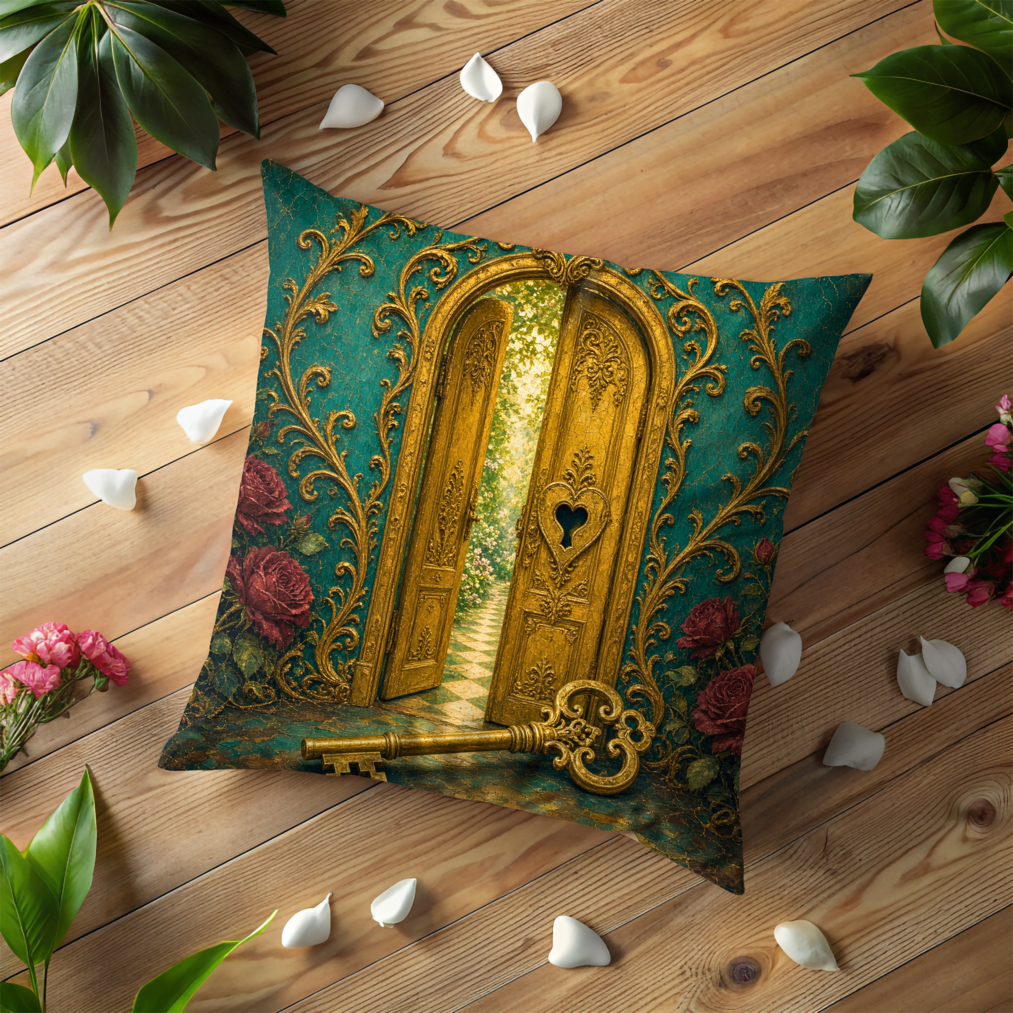 Golden Door Magical Key Roses Pillow Cover | Wonderland Fantasy Art | Ornate Portal Decor