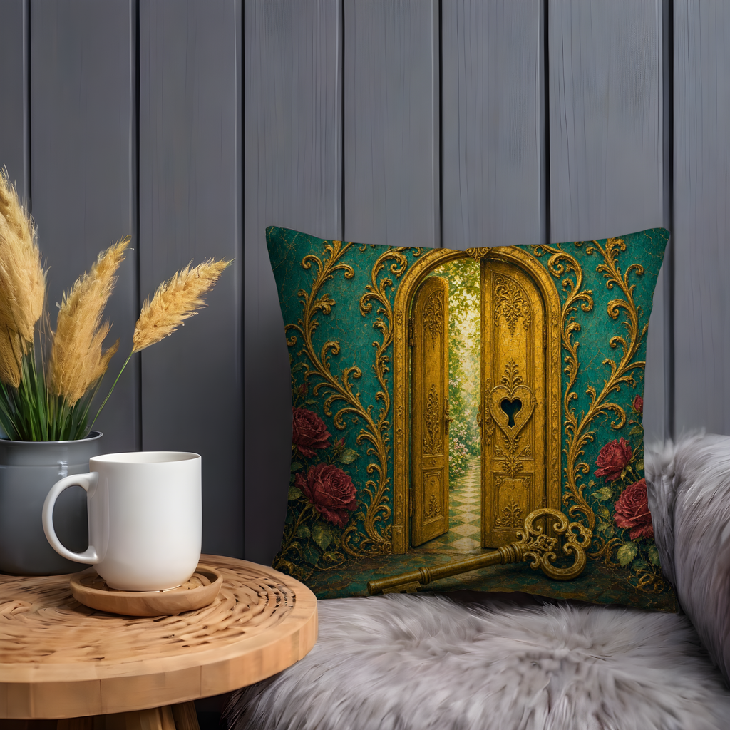 Golden Door Magical Key Roses Pillow Cover | Wonderland Fantasy Art | Ornate Portal Decor