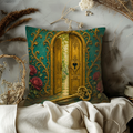Golden Door Magical Key Roses Pillow Cover | Wonderland Fantasy Art | Ornate Portal Decor