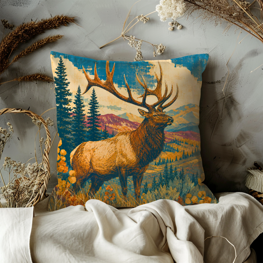 Majestic Elk Autumn Mountain Landscape Pillow Cover | Classic Wildlife Art | Rustic Nature Decor