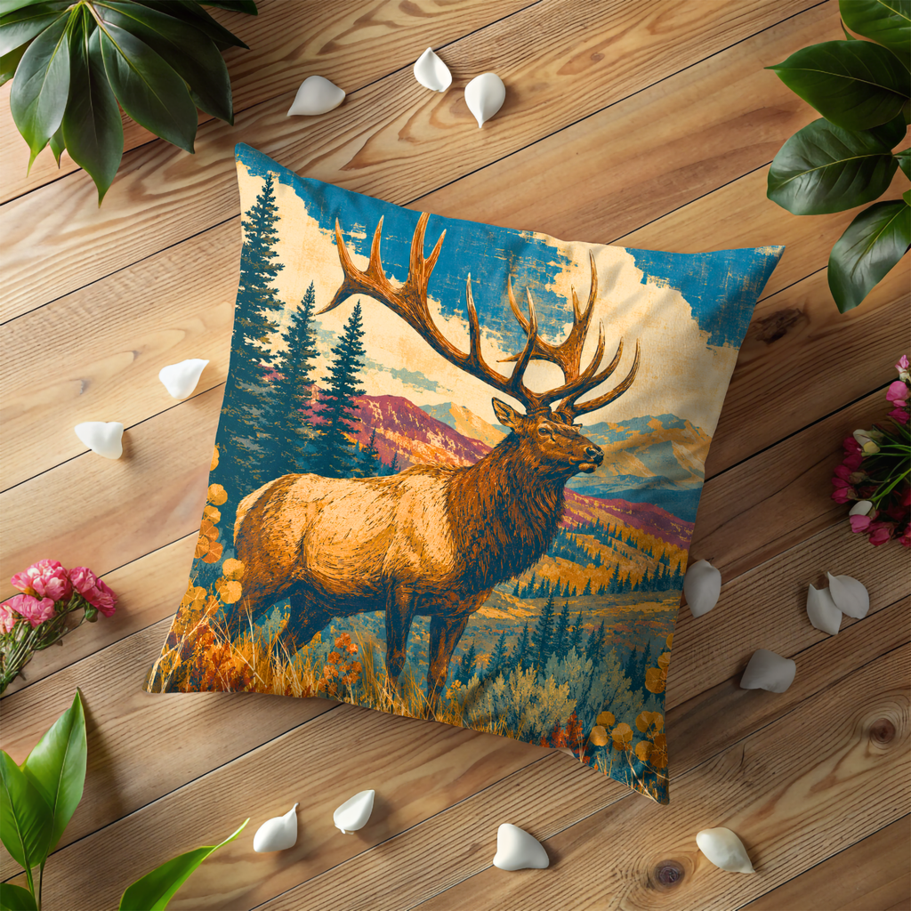 Majestic Elk Autumn Mountain Landscape Pillow Cover | Classic Wildlife Art | Rustic Nature Decor