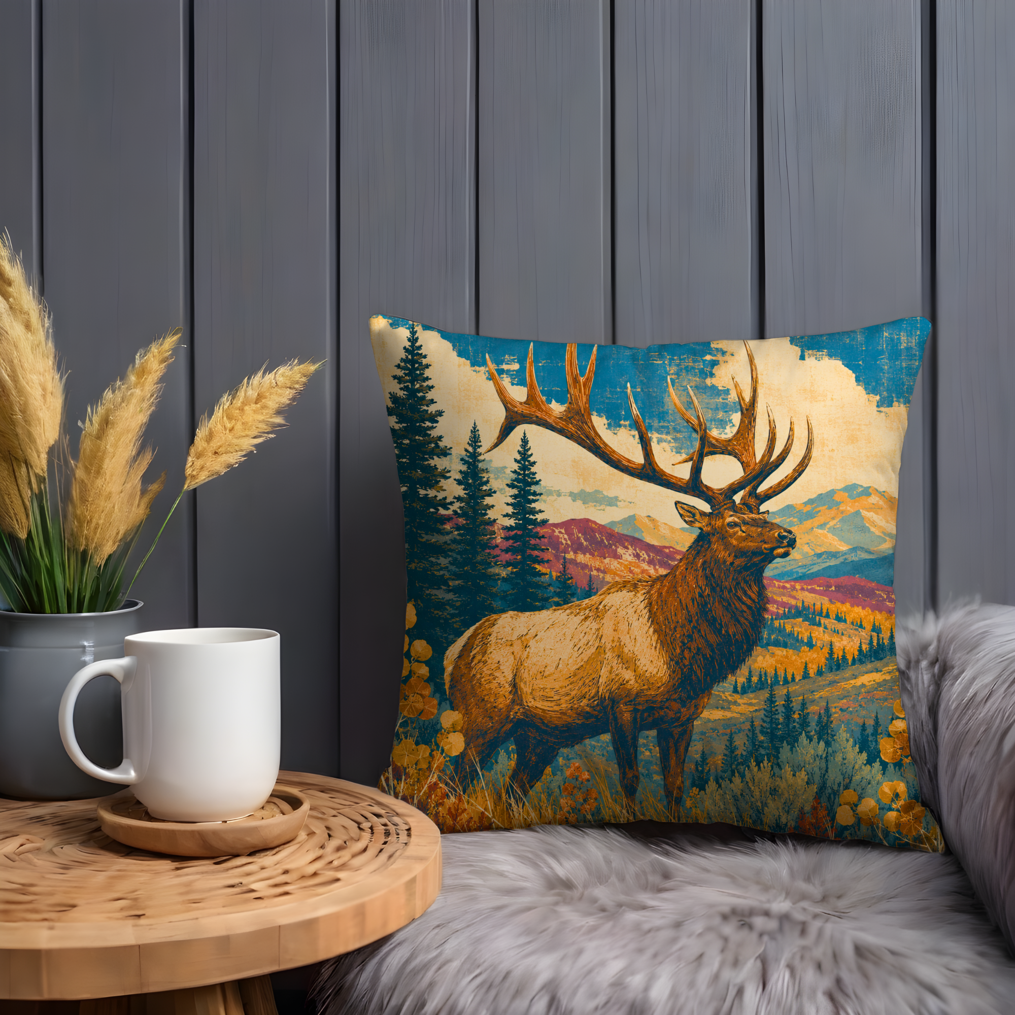 Majestic Elk Autumn Mountain Landscape Pillow Cover | Classic Wildlife Art | Rustic Nature Decor
