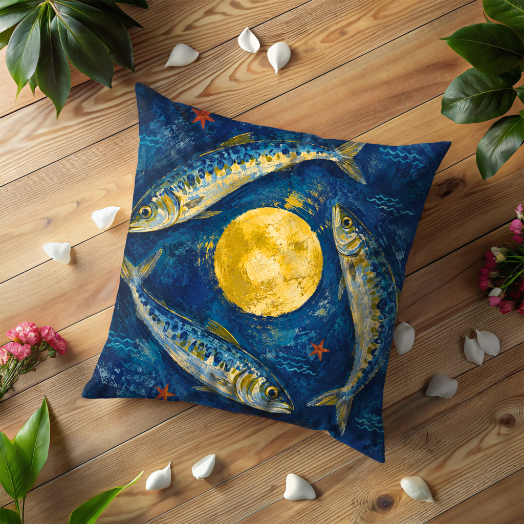 Three Fish Golden Moon Ocean Pillow Cover | Mystical Marine Art | Lunar Night Decor