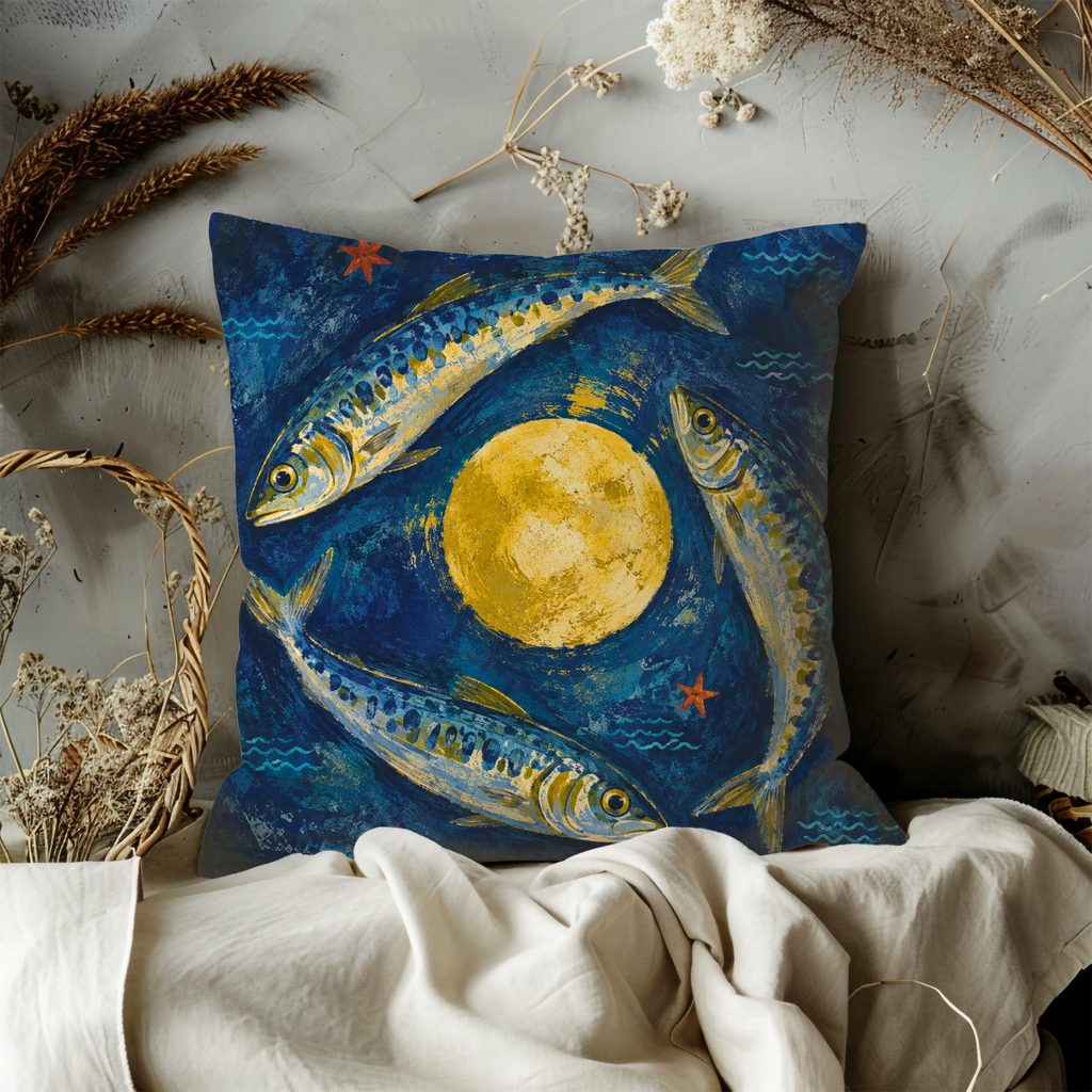 Three Fish Golden Moon Ocean Pillow Cover | Mystical Marine Art | Lunar Night Decor