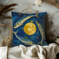 Three Fish Golden Moon Ocean Pillow Cover | Mystical Marine Art | Lunar Night Decor
