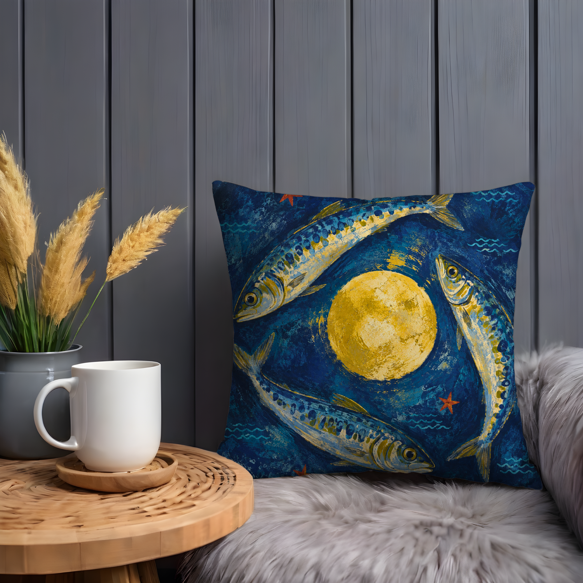 Three Fish Golden Moon Ocean Pillow Cover | Mystical Marine Art | Lunar Night Decor