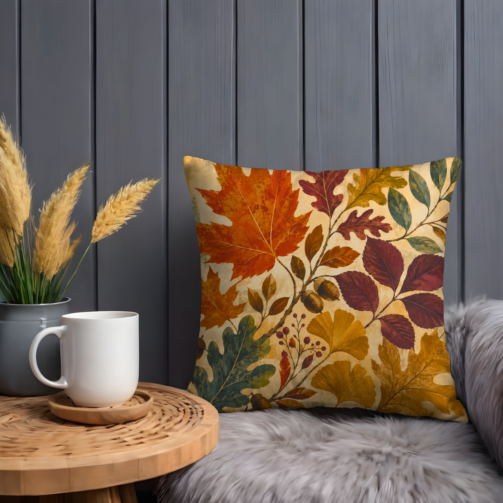Autumn Maple Oak Ginkgo Leaves Pillow Cover | Classic Botanical Art | Warm Fall Decor