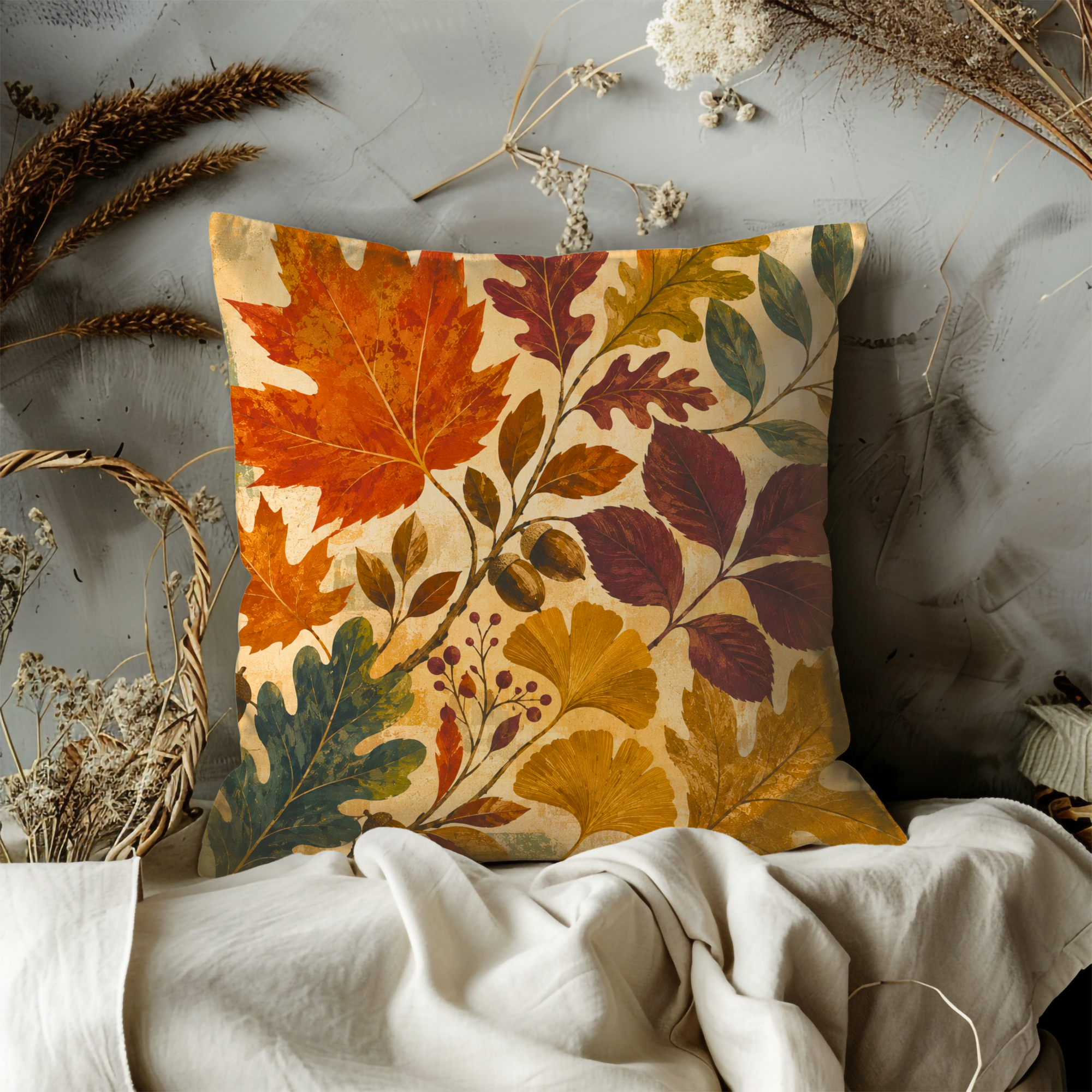Autumn Maple Oak Ginkgo Leaves Pillow Cover | Classic Botanical Art | Warm Fall Decor