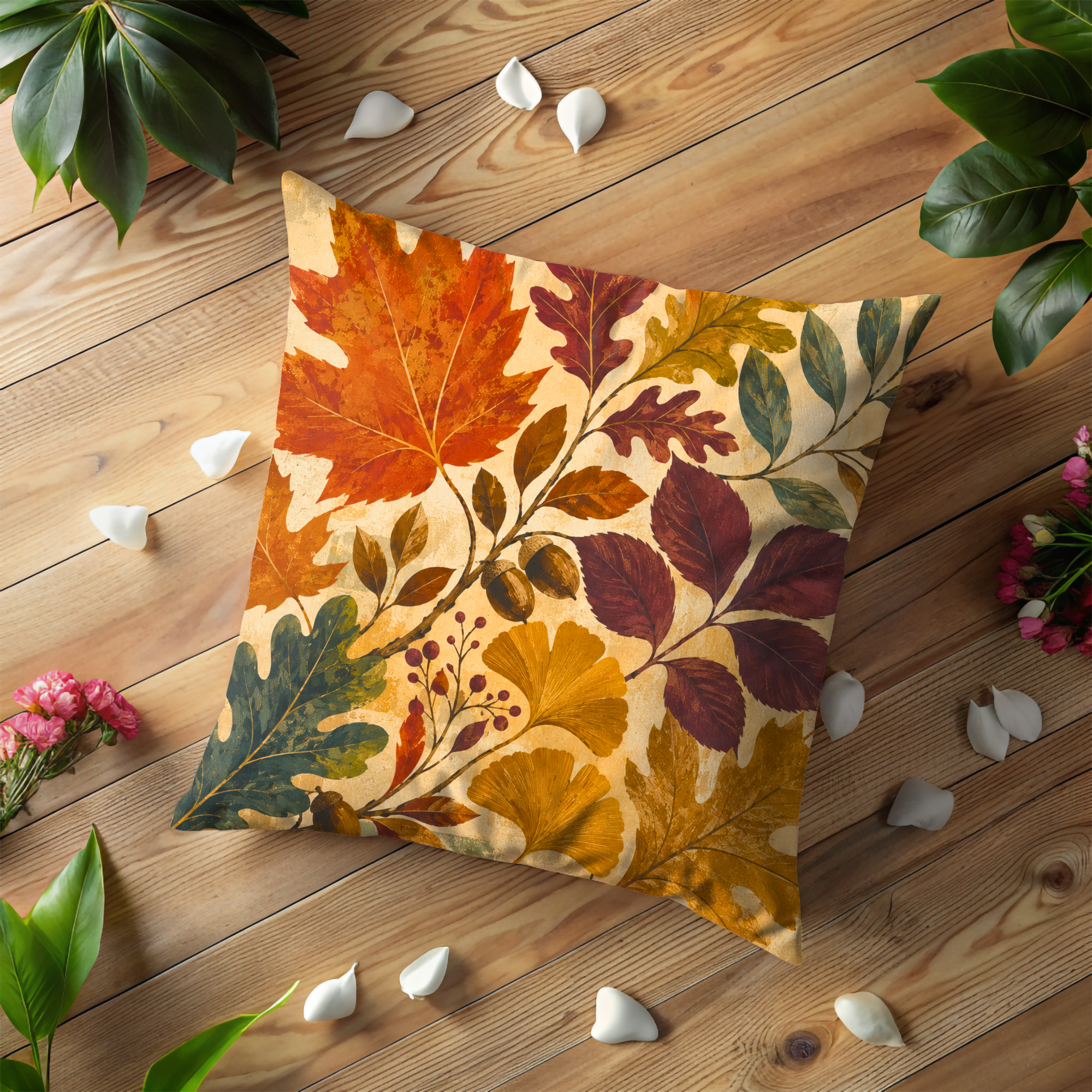 Autumn Maple Oak Ginkgo Leaves Pillow Cover | Classic Botanical Art | Warm Fall Decor