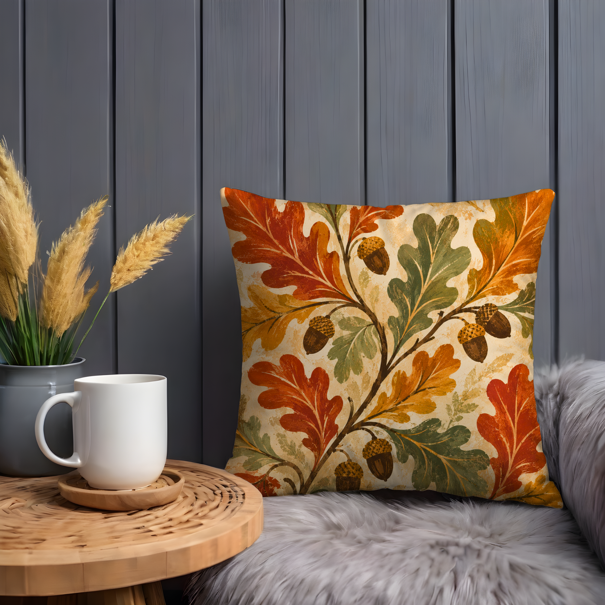 Oak Leaves Acorns Autumn Botanical Pillow Cover | Classic Fall Art | Warm Nature Decor