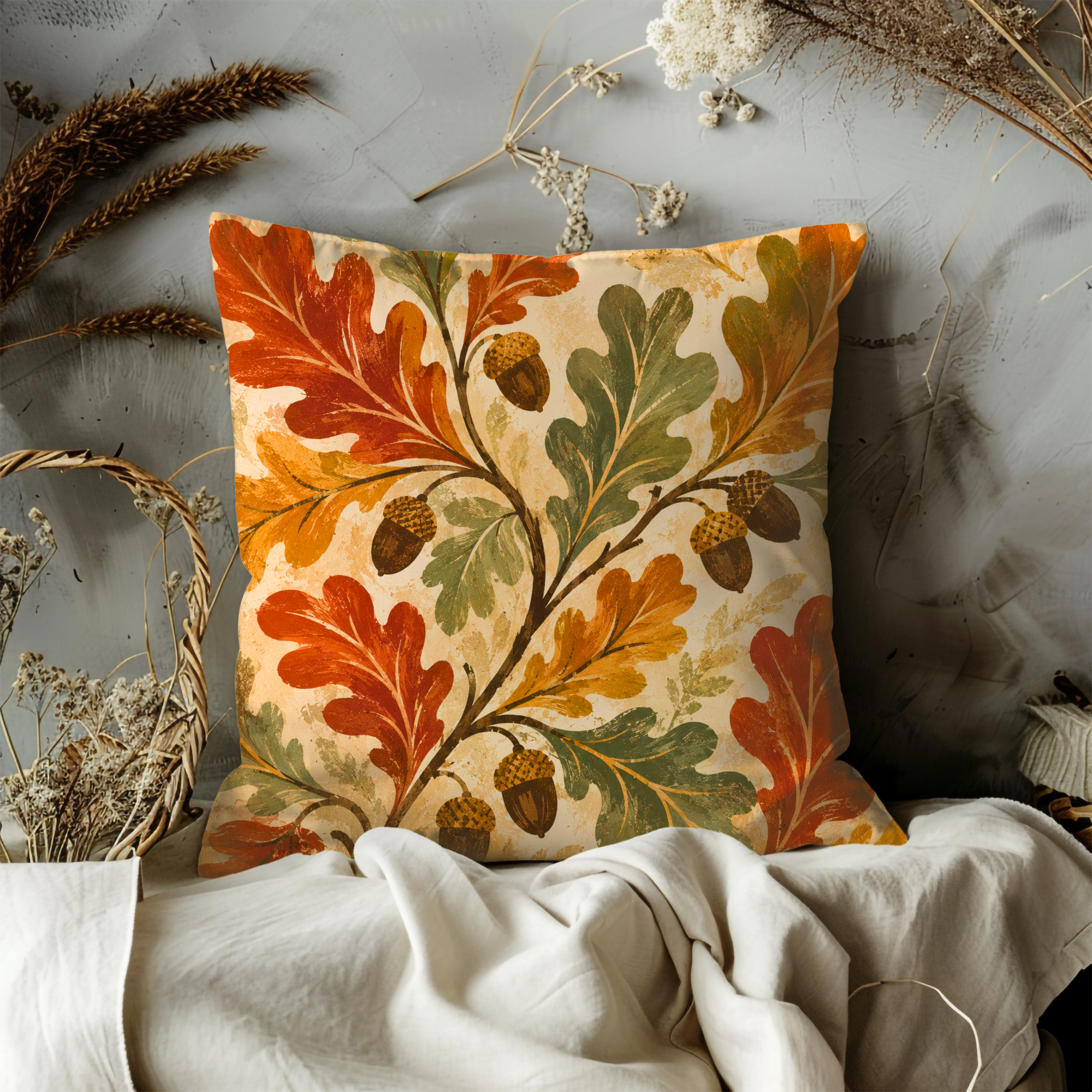 Oak Leaves Acorns Autumn Botanical Pillow Cover | Classic Fall Art | Warm Nature Decor