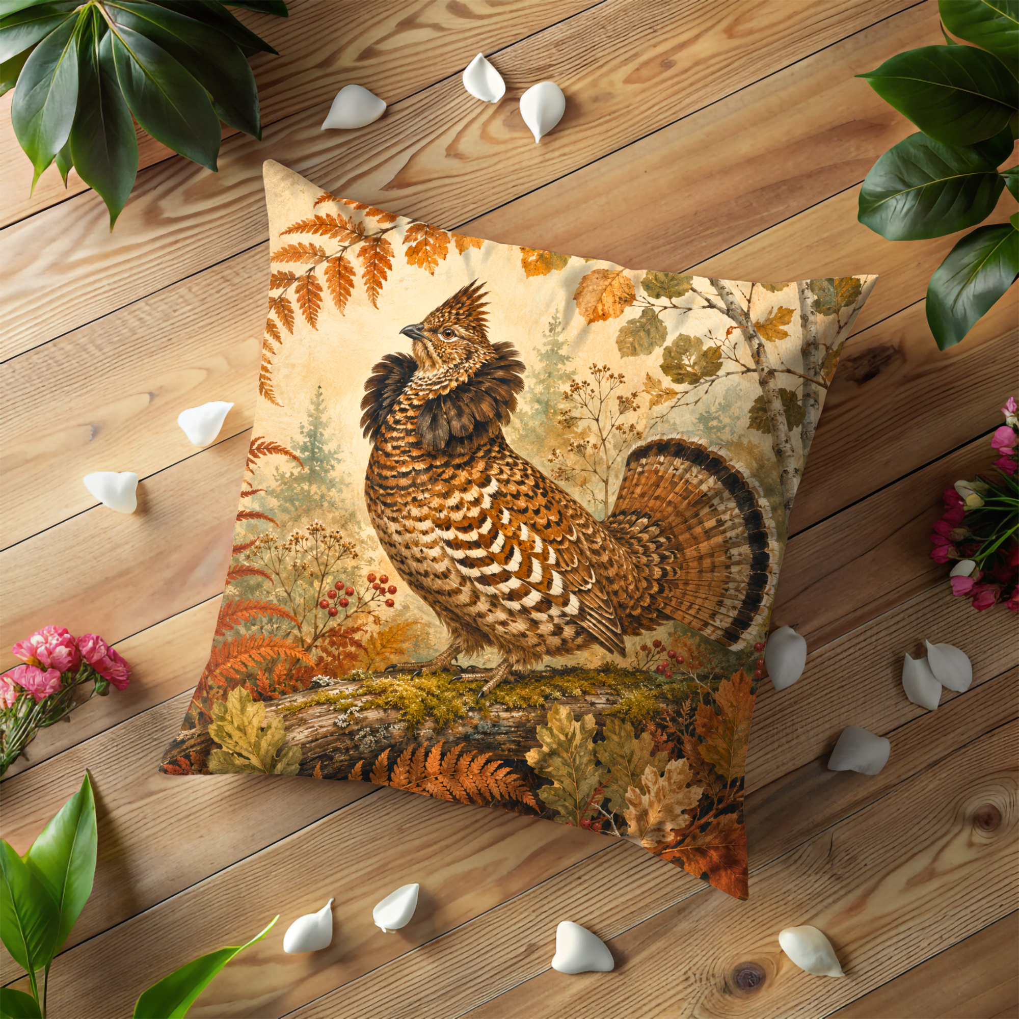 Ruffed Grouse Autumn Forest Ferns Pillow Cover | Classic Wildlife Art | Woodland Nature Decor