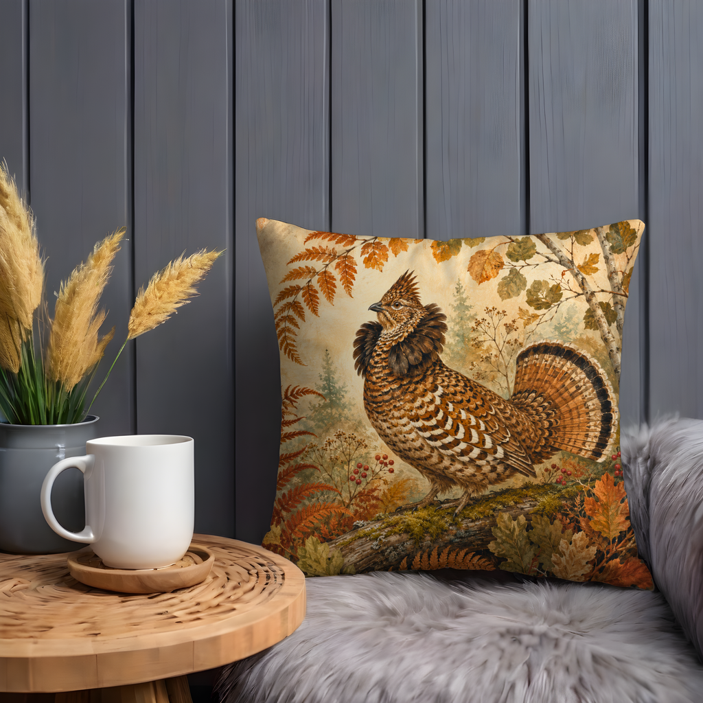 Ruffed Grouse Autumn Forest Ferns Pillow Cover | Classic Wildlife Art | Woodland Nature Decor