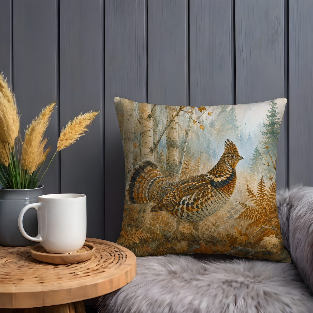 Ruffed Grouse Birch Forest Autumn Pillow Cover | Classic Wildlife Art | Soft Woodland Decor
