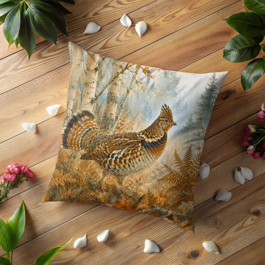 Ruffed Grouse Birch Forest Autumn Pillow Cover | Classic Wildlife Art | Soft Woodland Decor